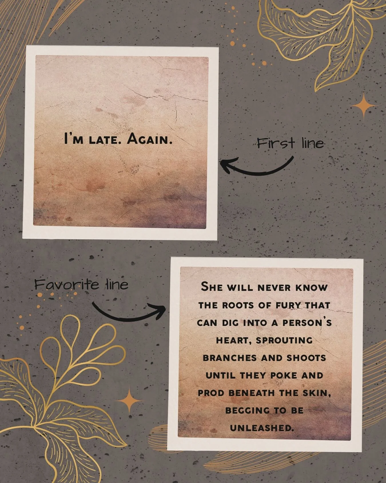 Today&rsquo;s #smoochwait prompt is to share a first line and a favorite line. These are mine for Italian Book 😊 

First line:
&ldquo;I&rsquo;m late. Again.&rdquo;

Favorite line:
&ldquo;She will never know the roots of fury that can dig into a pers