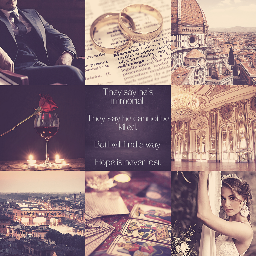 Clockwise from left to right: a white man from the lips down wearing a dark suit and tie and leaning back in a chair; gold wedding bands on top of a dictionary open to the definition ofmarriage; the Duomo in Florence; an opulent gold hallway with cha