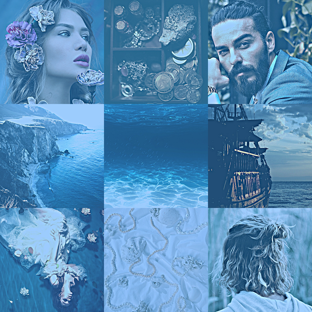 A blue-toned collage meant to look like the images are underwater. Clockwise from top left: a headshot of a beautiful girl with brown hair and colorful flowers in her hair; a chest of gold coins; and man with dark hair in a bun and a scruffy beard st