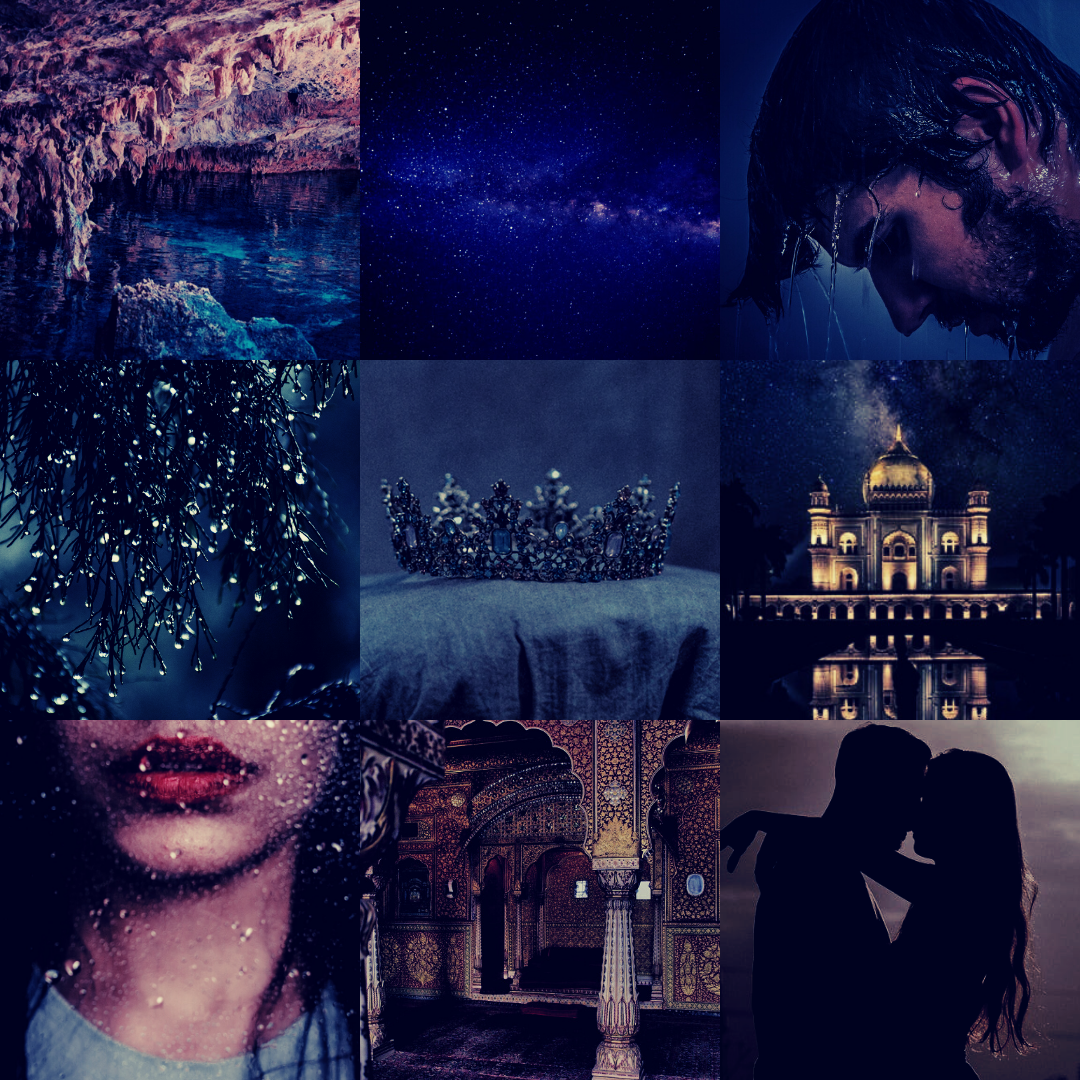 An anesthetic for my book set in deep purple and blue tones. Clockwise from left to right: a grotto; starry night sky; a man bowing his head while water drips down his brown hair; a Middle Eastern palace lit up at night; a couple in silhouette embrac