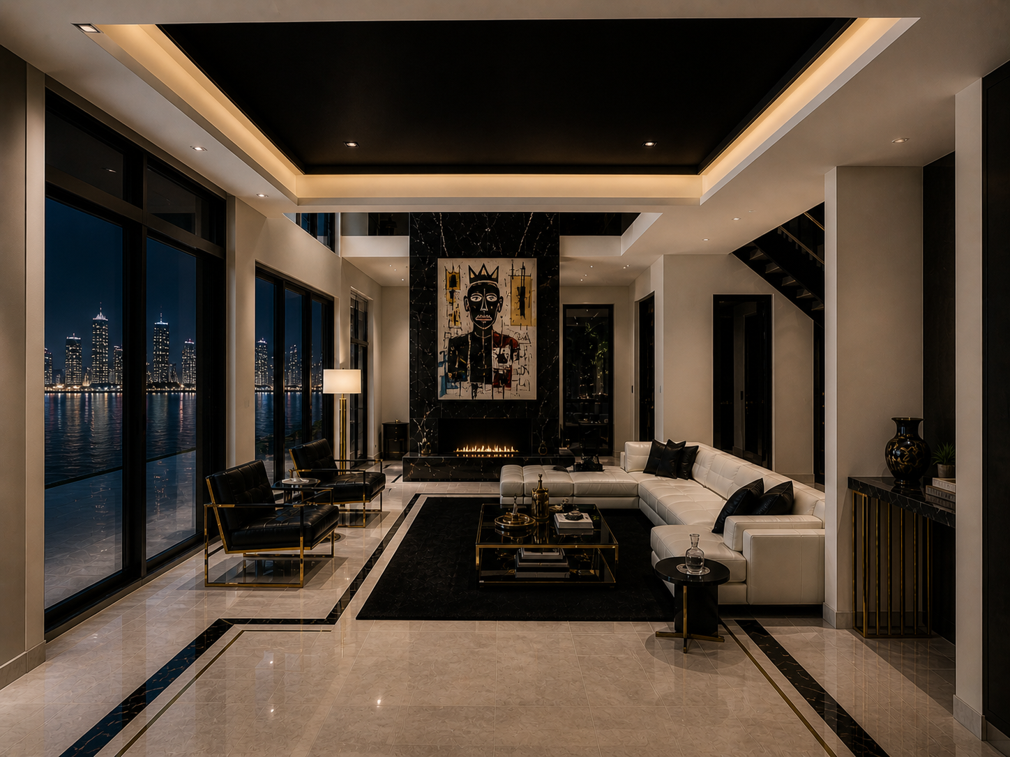 Modern living room with floor-to-ceiling windows overlooking city skyline at night, black and white color scheme, marble flooring, abstract artwork above fireplace, white sofa, black armchairs, gold accents, and a black area rug.