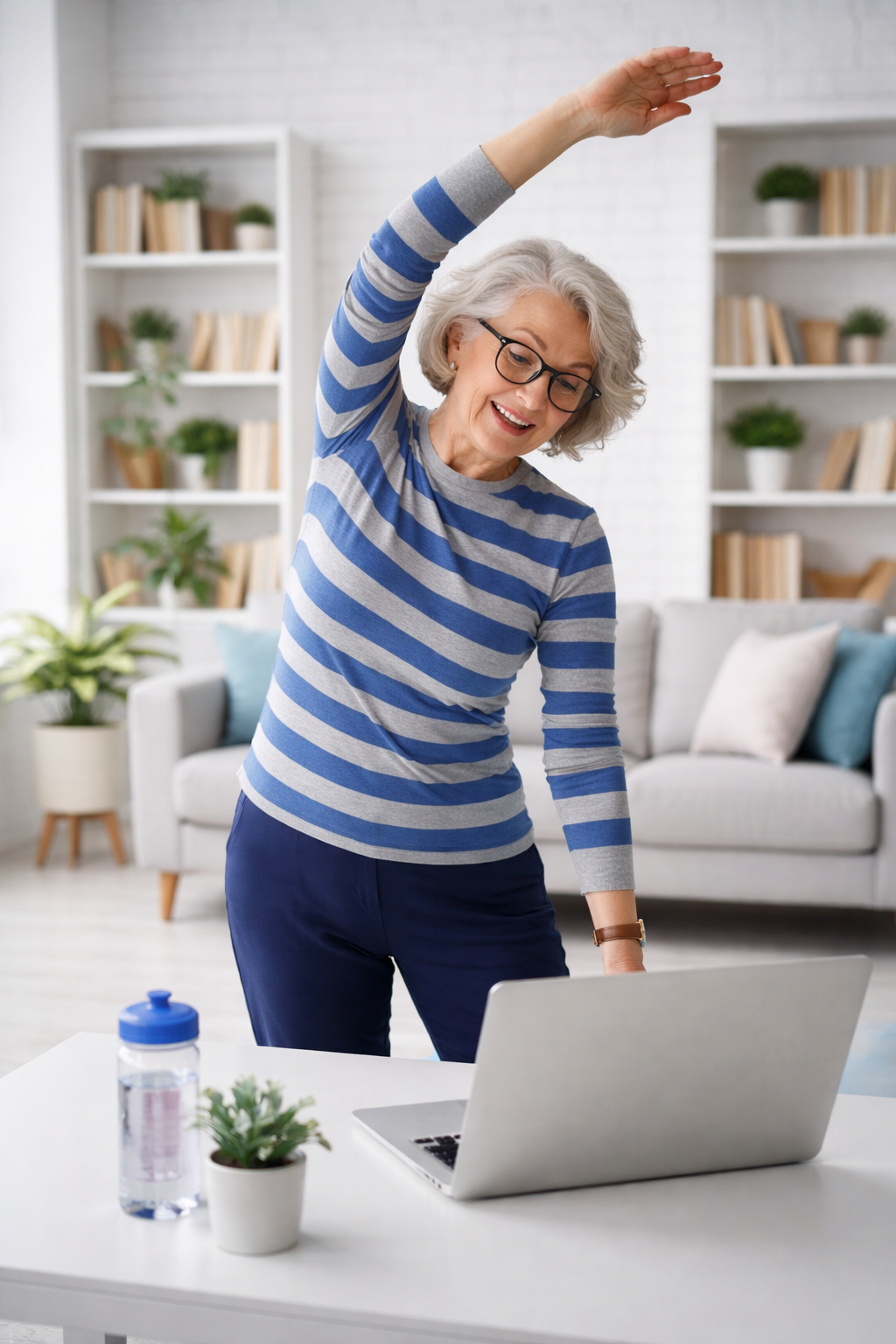 Woman participating in virtual physiotherapy assessment from home