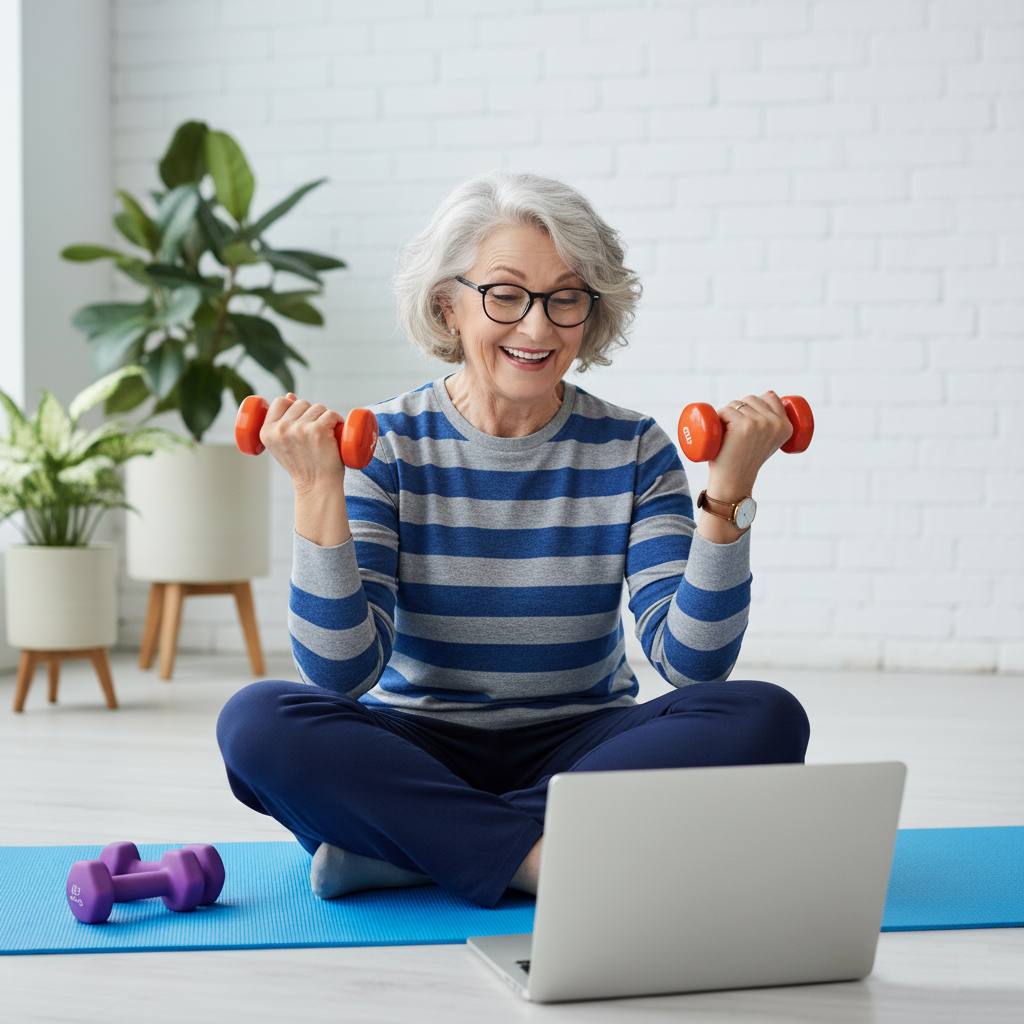 Woman participating in a virtual physiotherapy appointment from home