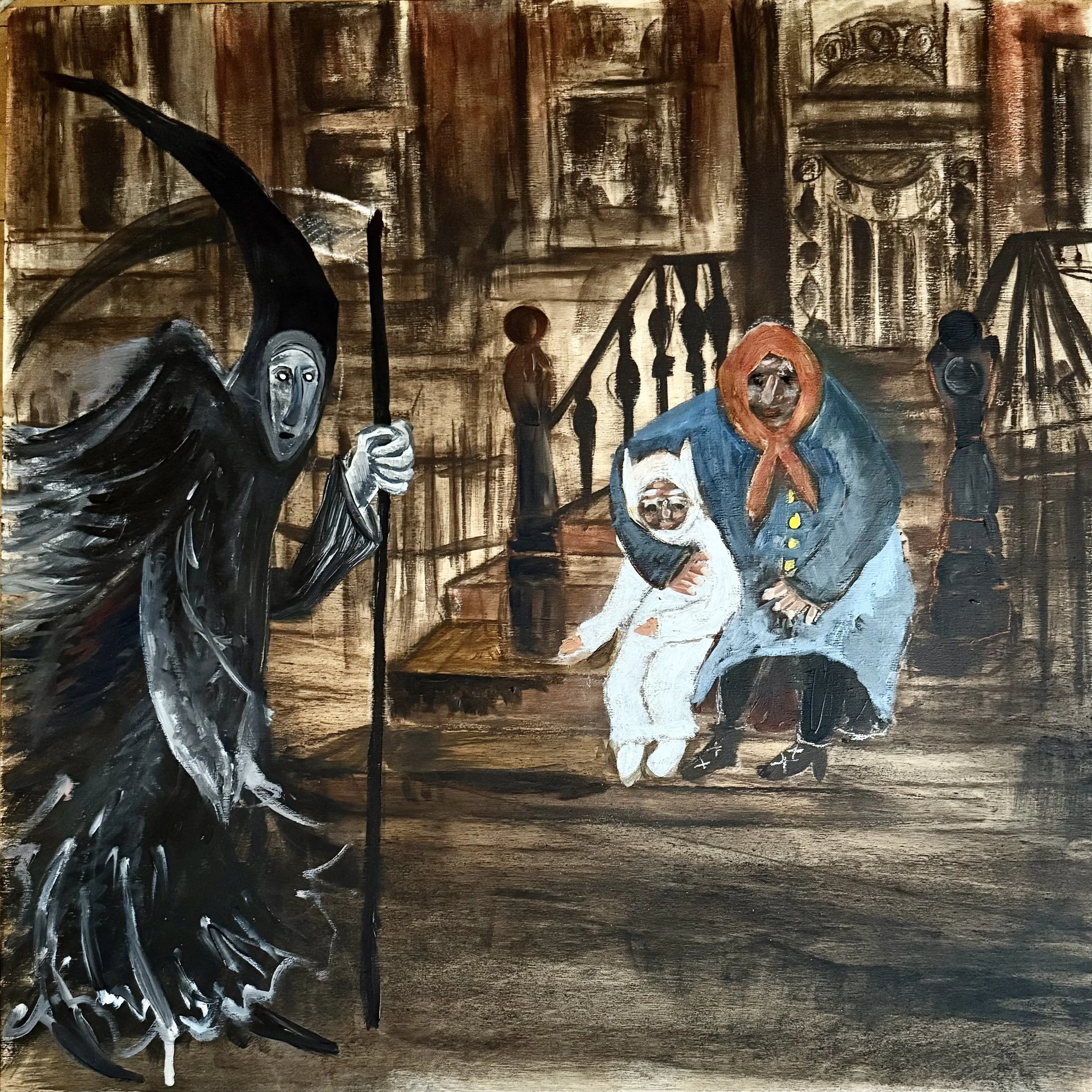 Angel Of Death and Little Maurice. Acrylic on wood panel, 20x20 inches, 2025