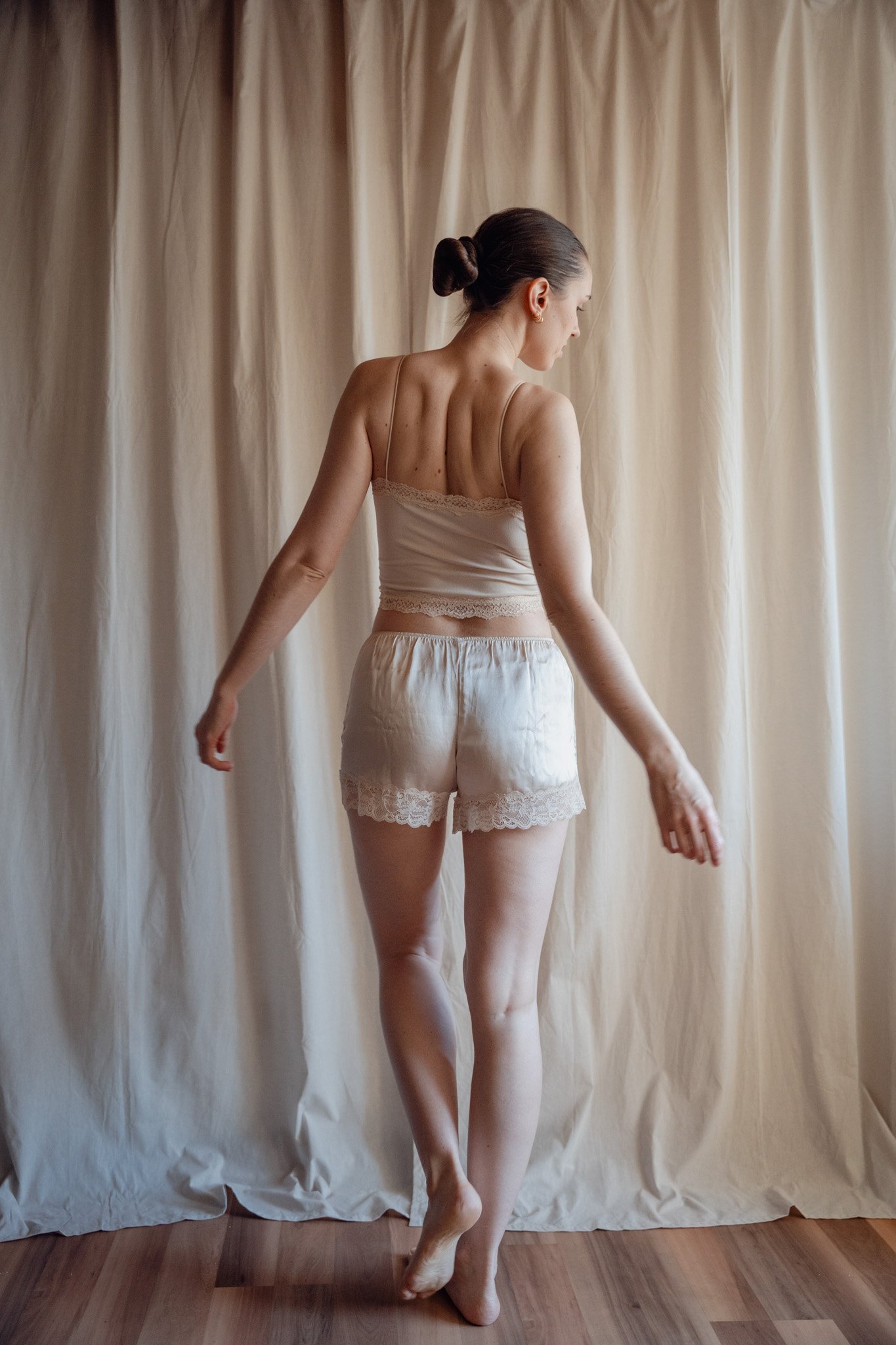 Silk Shorts, Nude Crop Top
