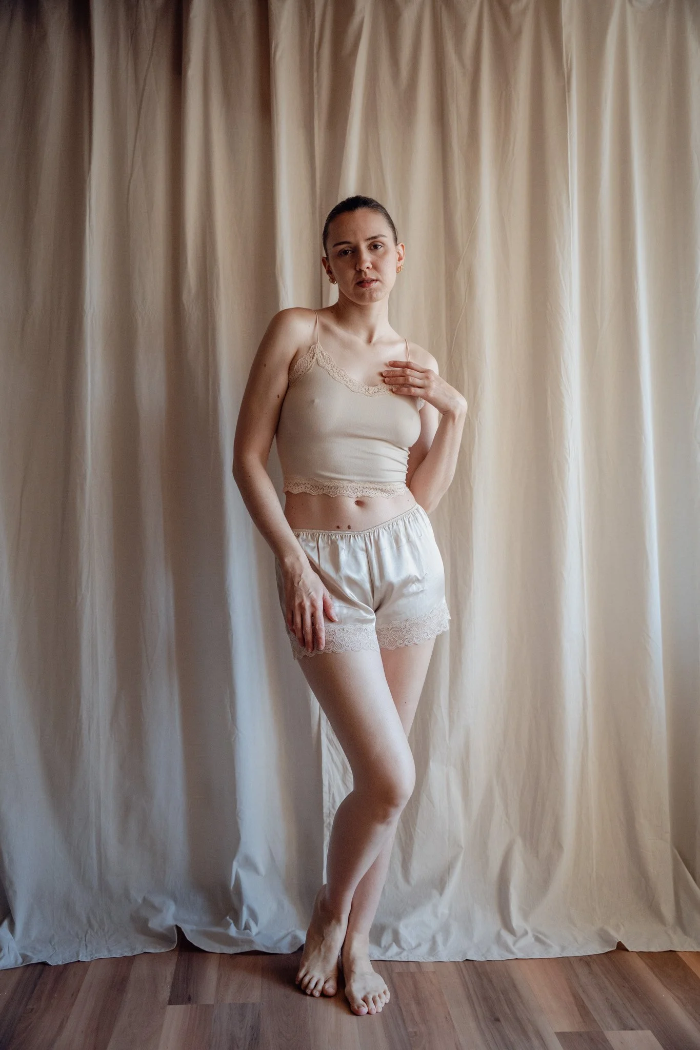 Silk Shorts, Nude Crop Top