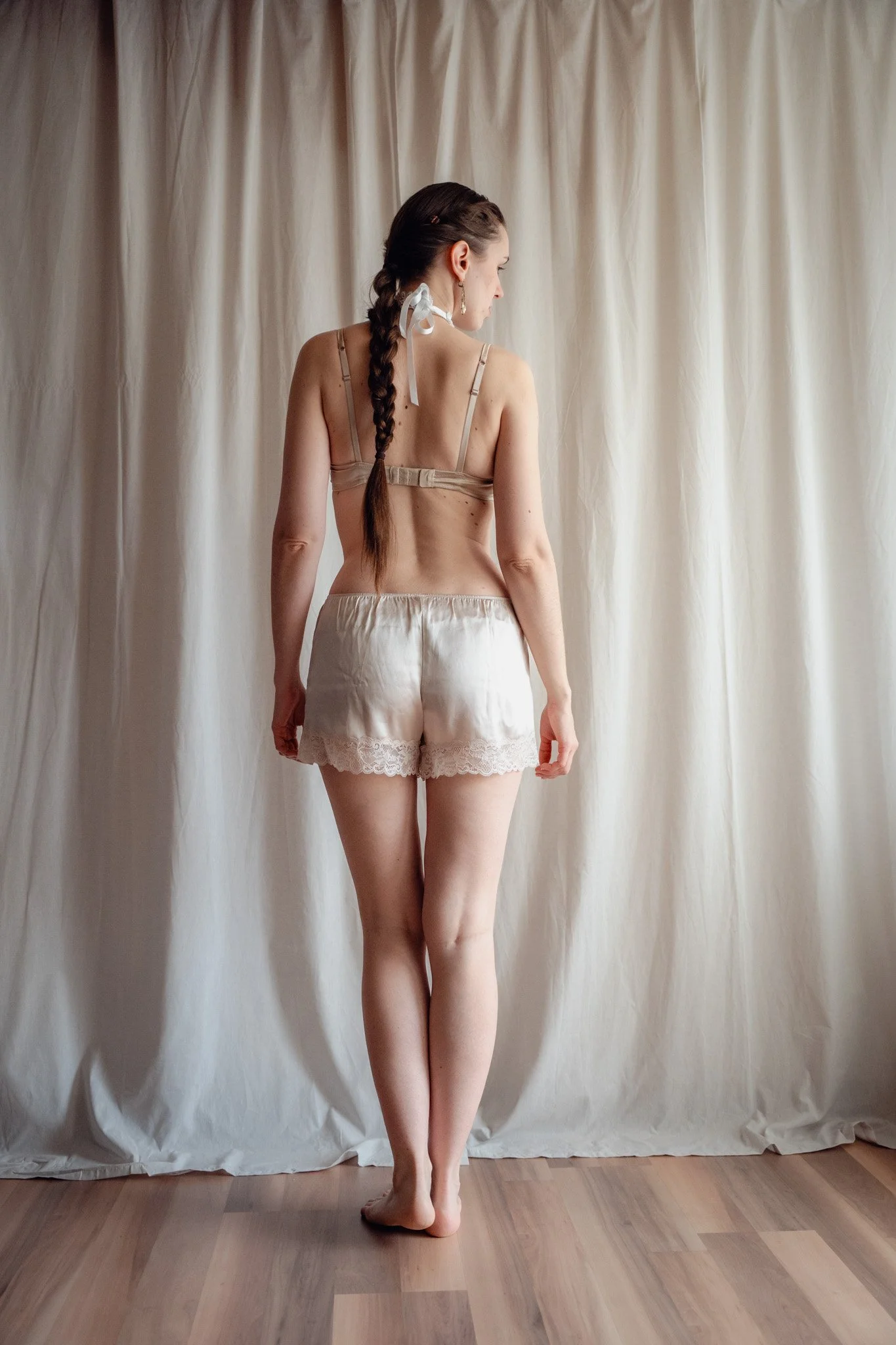 Silk Shorts, Beige Lace Lingerie