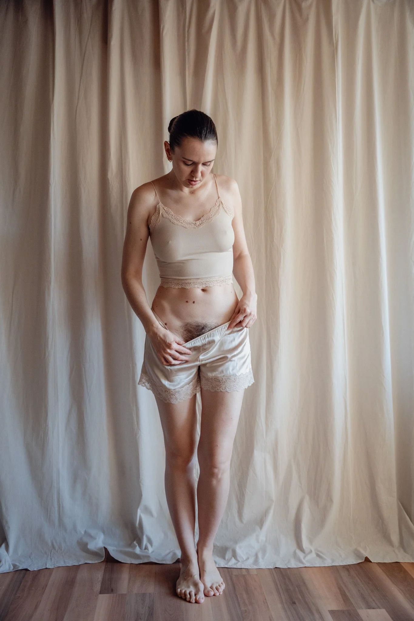 Silk Shorts, Nude Crop Top