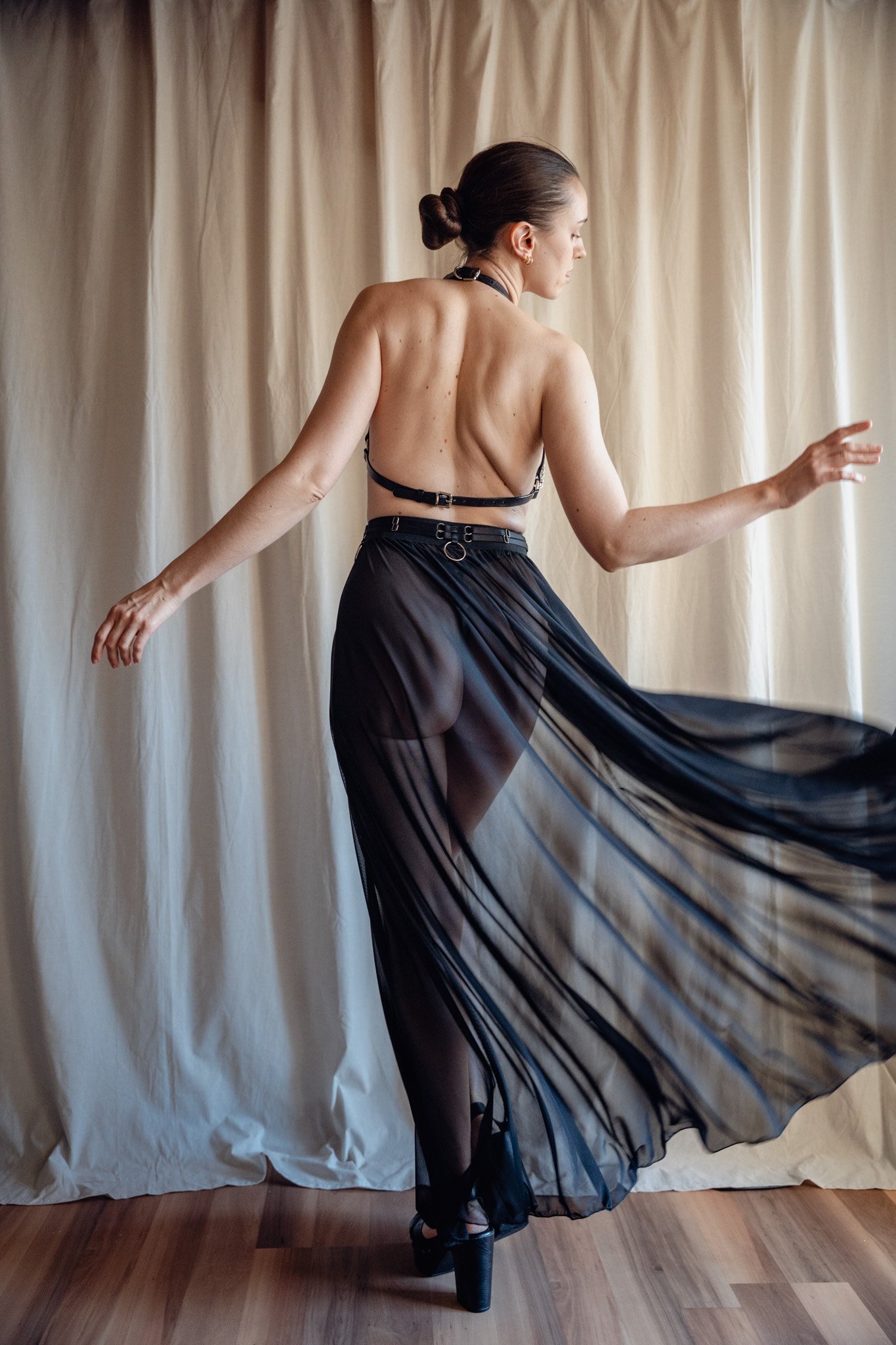 Sheer Black Skirt, Leather Harness