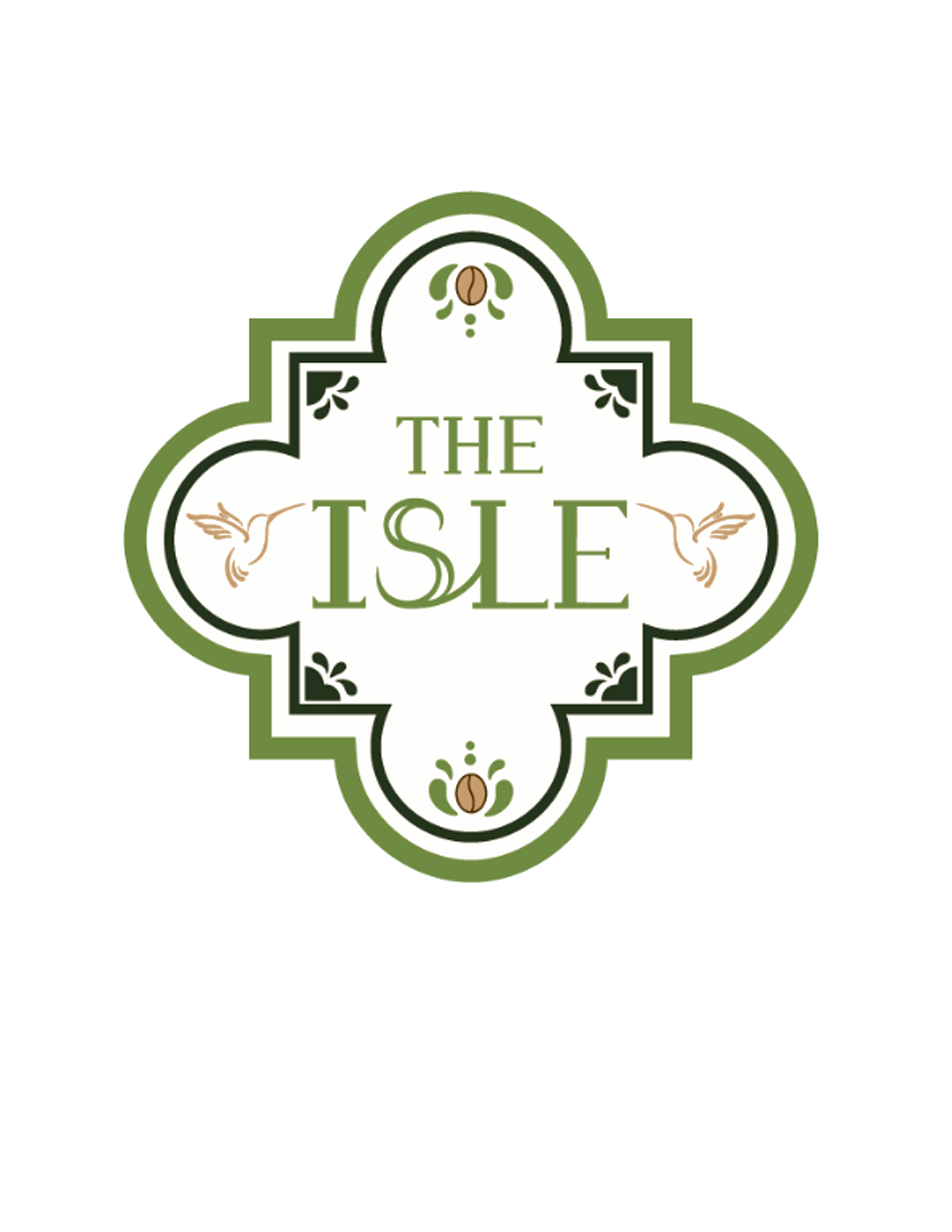 Close-up of a decorative sign with green and white borders, featuring the words "The Isle" with a coffee bean graphic at the top and small bird illustrations.