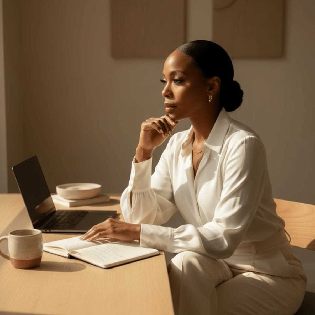 A woman sitting at a desk in front of a laptop, looking thoughtful with a notebook open and a coffee mug nearby.