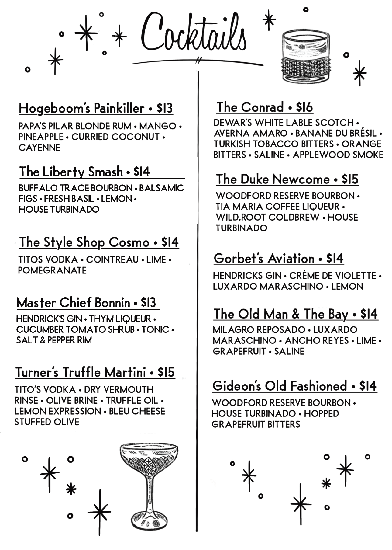 Current Heroes Cocktail Menu