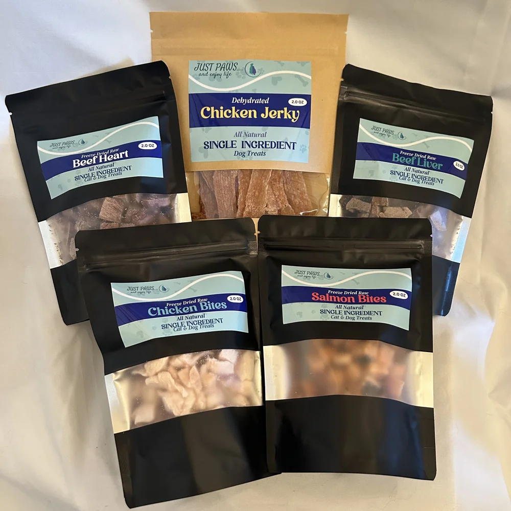 Just Paws Sampler Variety Pack, five single-ingredient treats in one box