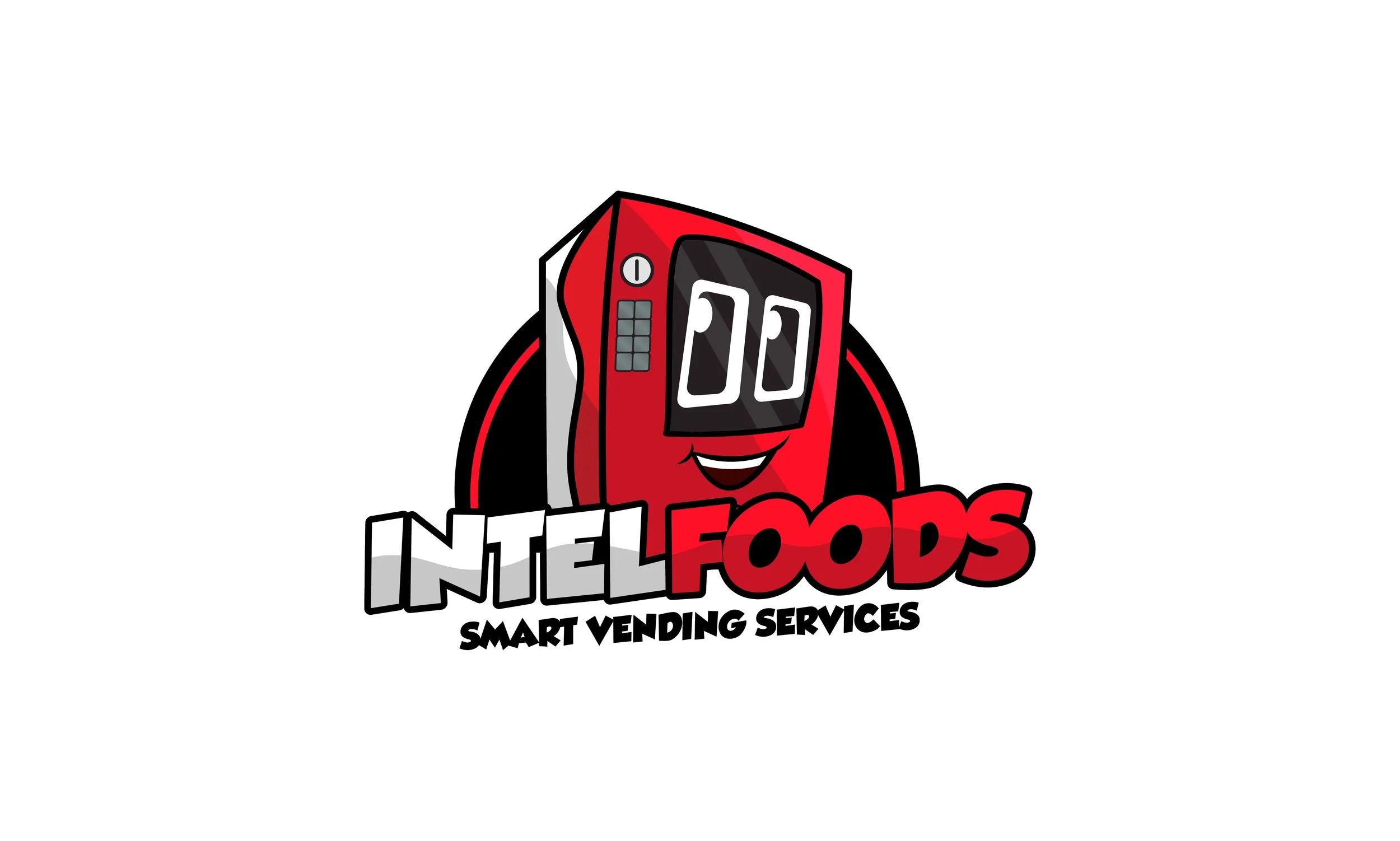 A cartoon vending machine with a smiling face, holding a smile, with the text 'INTELFOODS' and 'SMART VENDING SERVICES' beneath it. Documentary-Style Video Production in Miami | The Bricklayer Agency