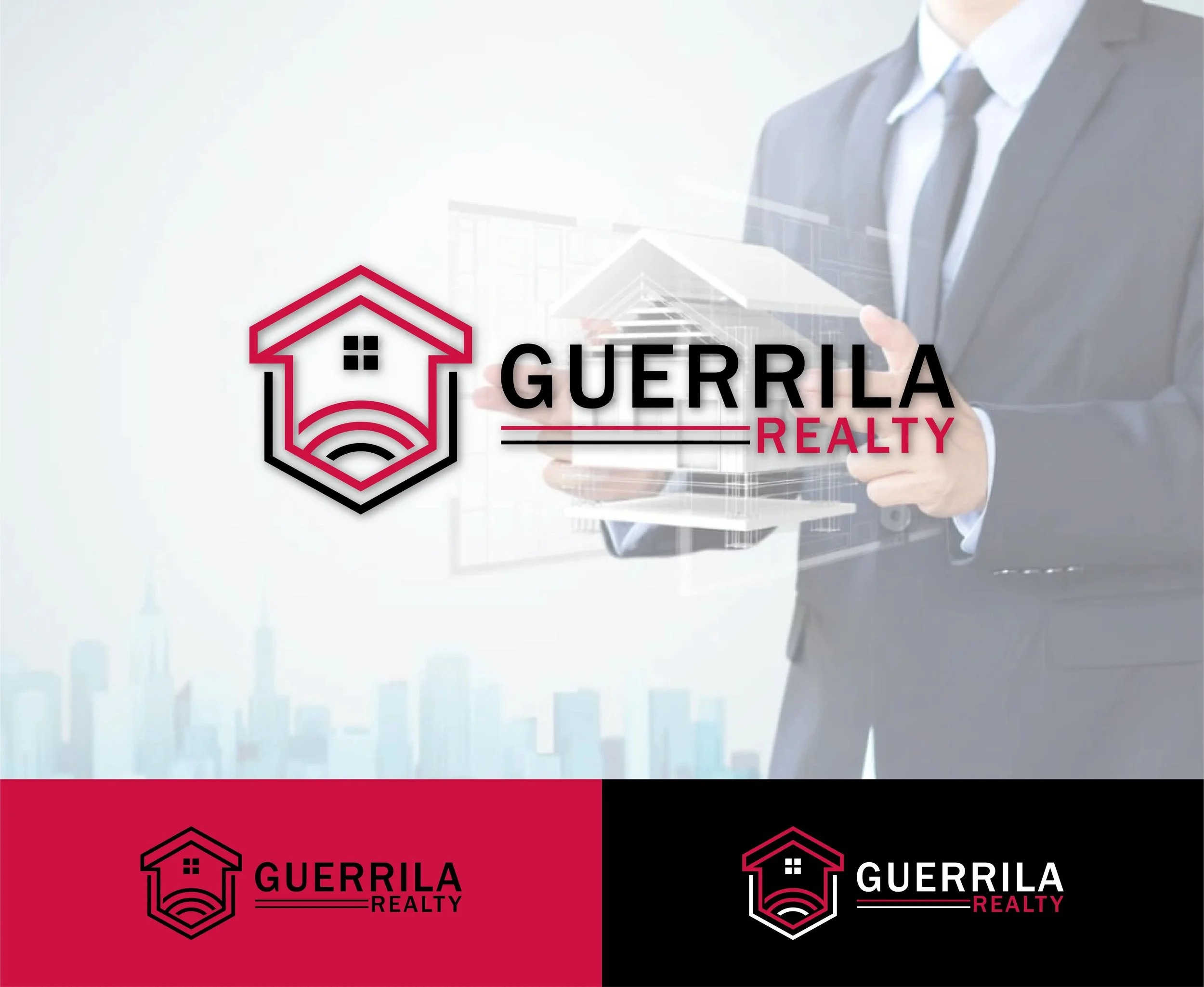 Logo for Guerrila Realty with a stylized house and Wi-Fi signal, shown in variations on red and black backgrounds. Documentary-Style Video Production in Miami | The Bricklayer Agency