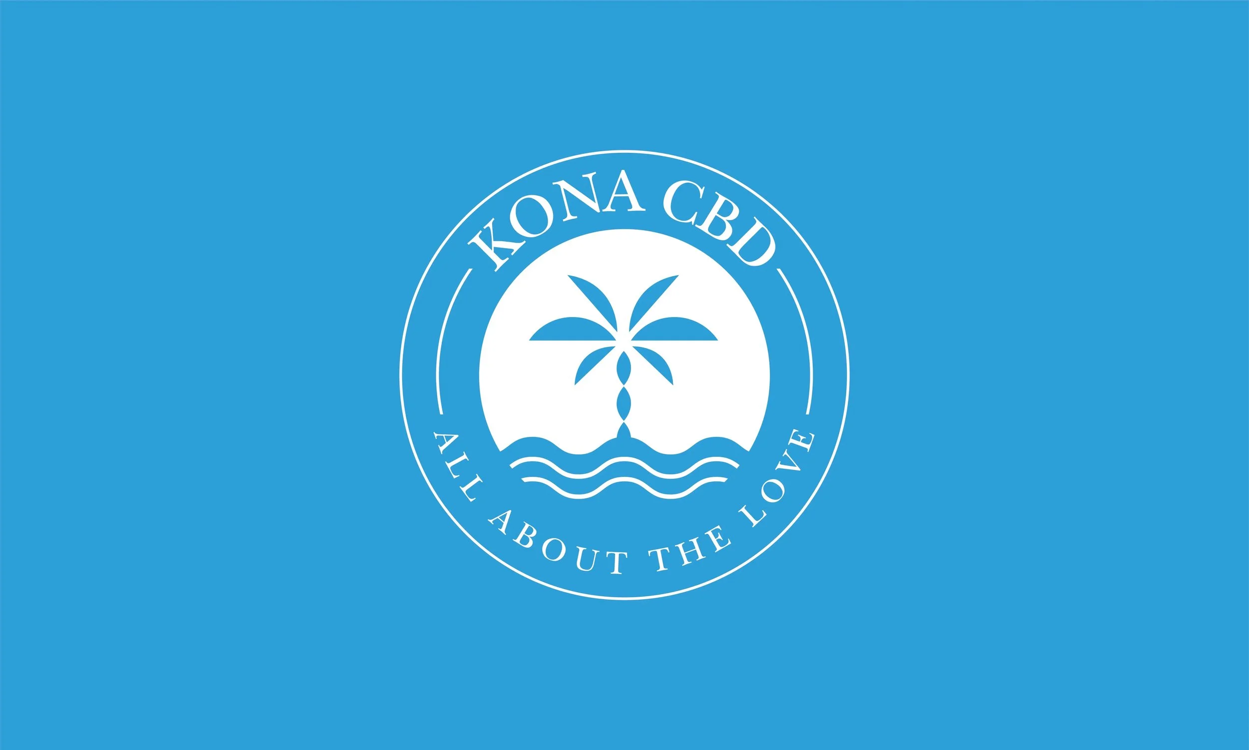 Blue flag featuring a white circle with a palm tree, wavy lines, and the words 'KONA CBD' and 'ALL ABOUT THE LOVE' surrounding the circle. Documentary-Style Video Production in Miami | The Bricklayer Agency