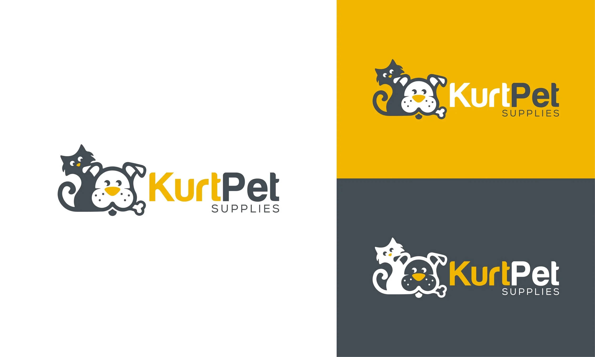 Logo for KurtPet Supplies featuring a black cat, a white dog, and yellow and black text on three background colors: white, yellow, and dark gray. Documentary-Style Video Production in Miami | The Bricklayer Agency