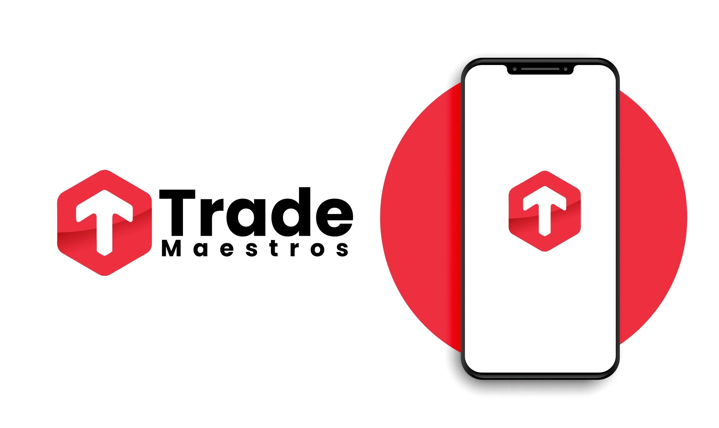 Logo for Trade Maestros featuring a red hexagon with an upward arrow, beside the words "Trade Maestros" and a smartphone displaying the same logo on its screen, with a red circle background. Documentary-Style Video Production in Miami | The Bricklaye