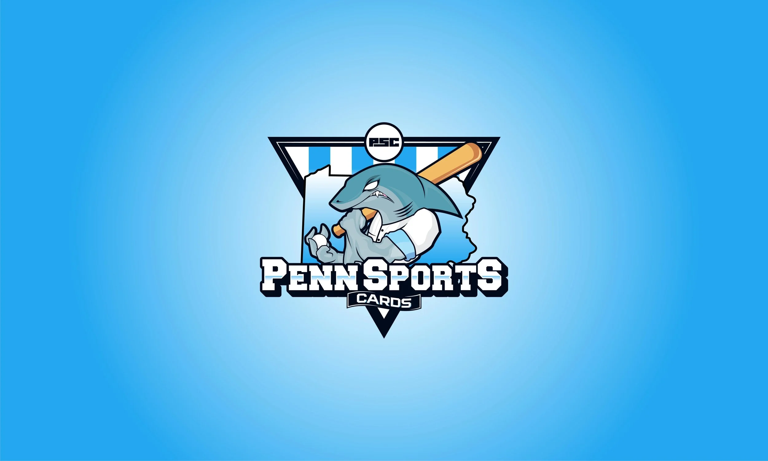 Logo for Penn Sports Cards featuring a muscular shark mascot holding a baseball bat, with 'Penn Sports Cards' text and a baseball and striped blue background. Documentary-Style Video Production in Miami | The Bricklayer Agency