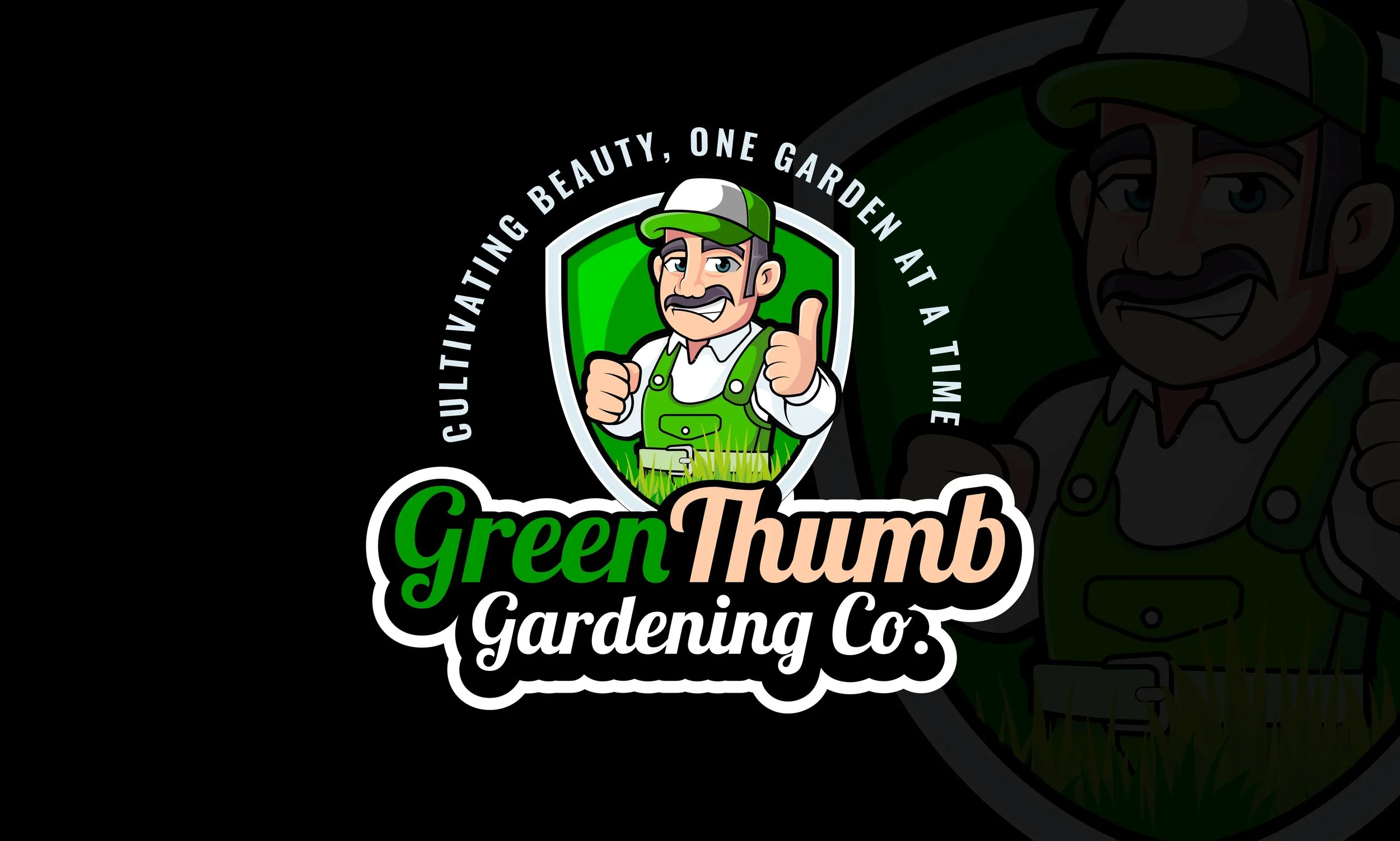 Logo of Green Thumb Gardening Co., featuring a cartoon man giving a thumbs up, wearing a green cap and overalls, surrounded by a green shield, with the slogan "Cultivating Beauty, One Garden at a Time". Documentary-Style Video Production in Miami | T
