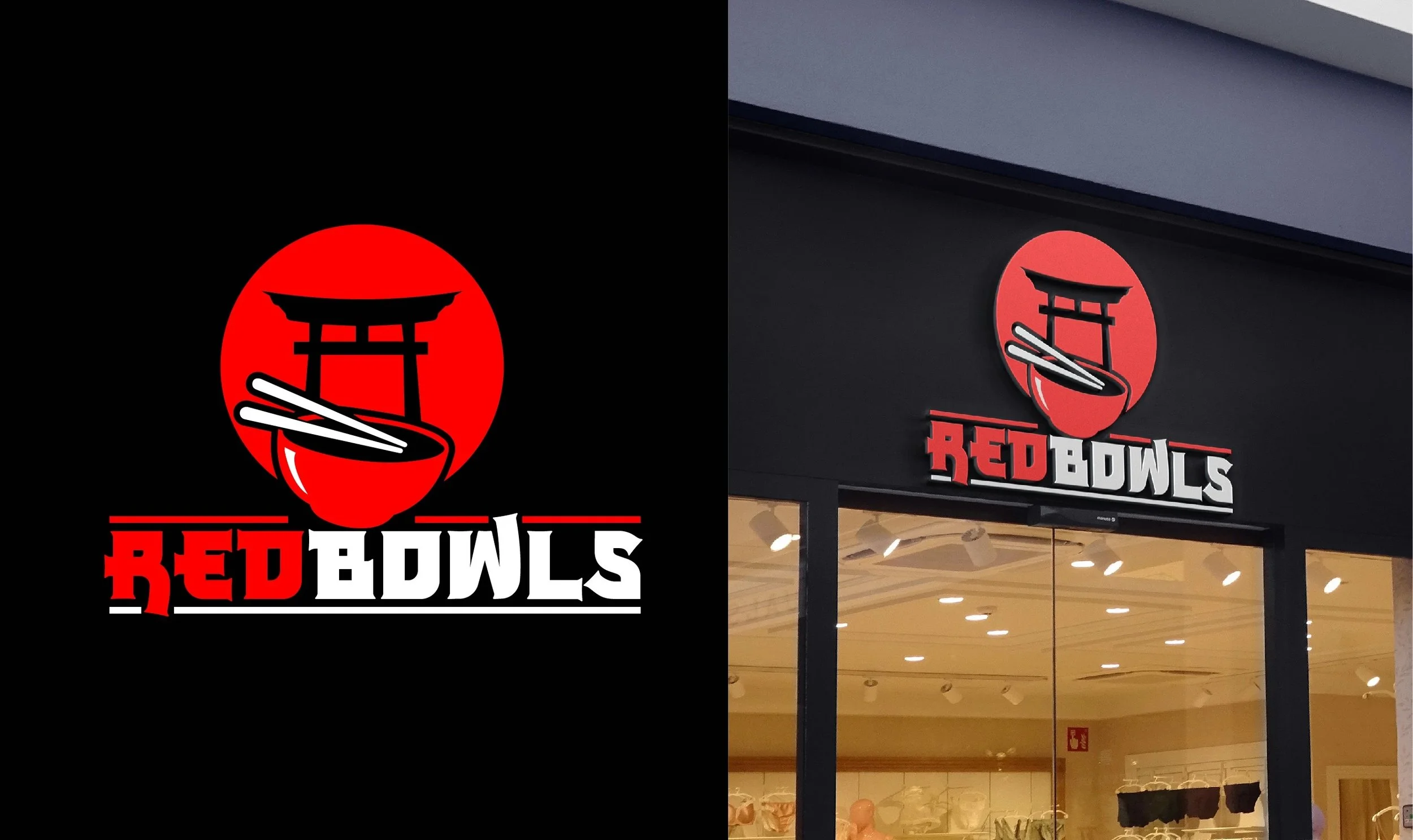 Logo for Red Bowls featuring a red circle with a black torii gate and white chopsticks, with the text 'RED BOWLS' in red and white underneath. The logo is displayed on a digital screen and on the exterior of a storefront. Documentary-Style Video Prod
