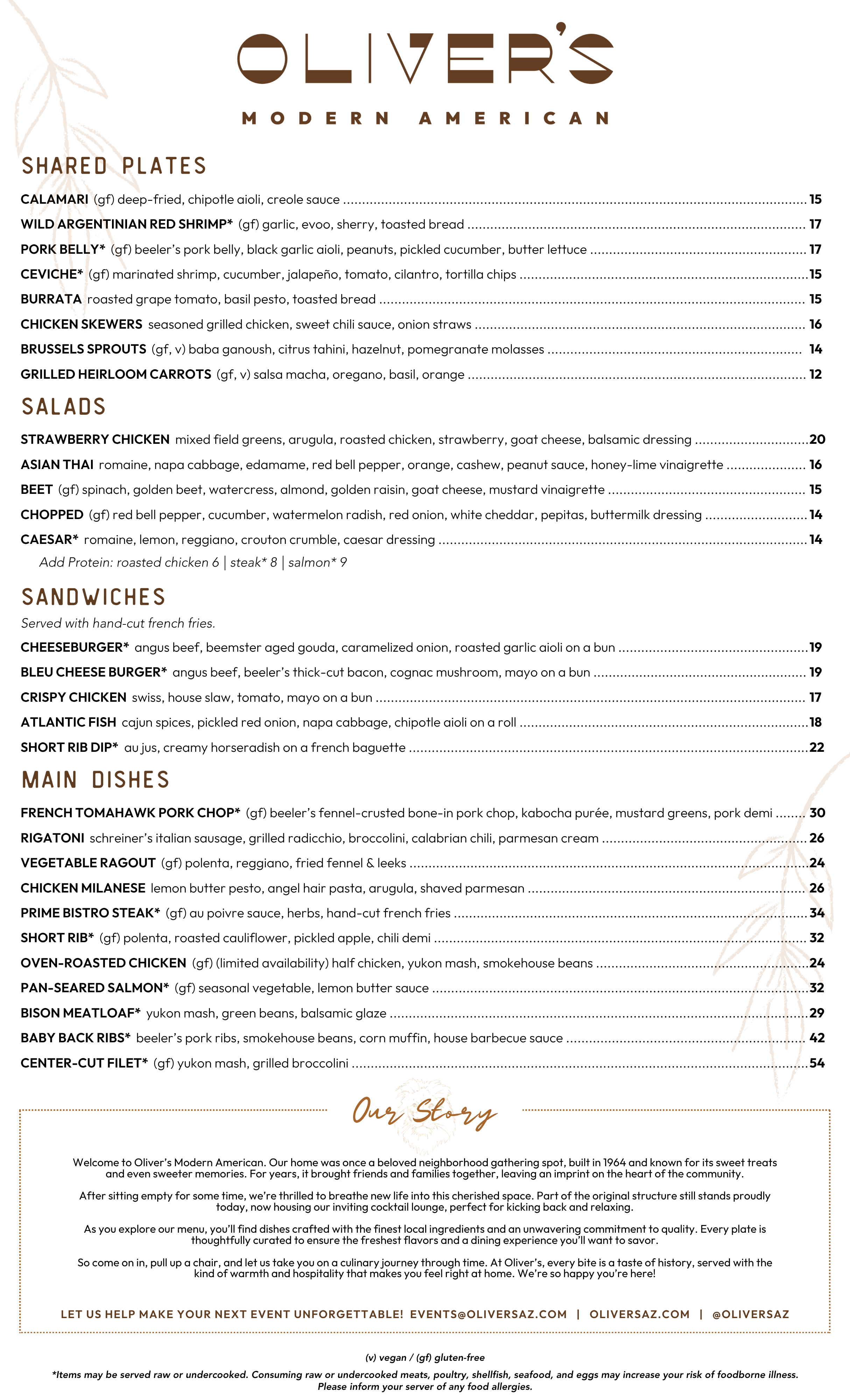 Oliver's Modern American Food Menu