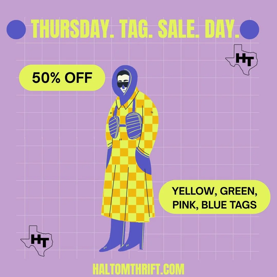 ✨ Thursday Tag Sale! ✨
Take 50% OFF yellow, green, pink & blue tags 💸
Stop in and save big on fresh finds — new items hitting the floor daily! 🛍️
 #thriftsale #secondhandfashion #tagsale #thrifty #vintageforsale