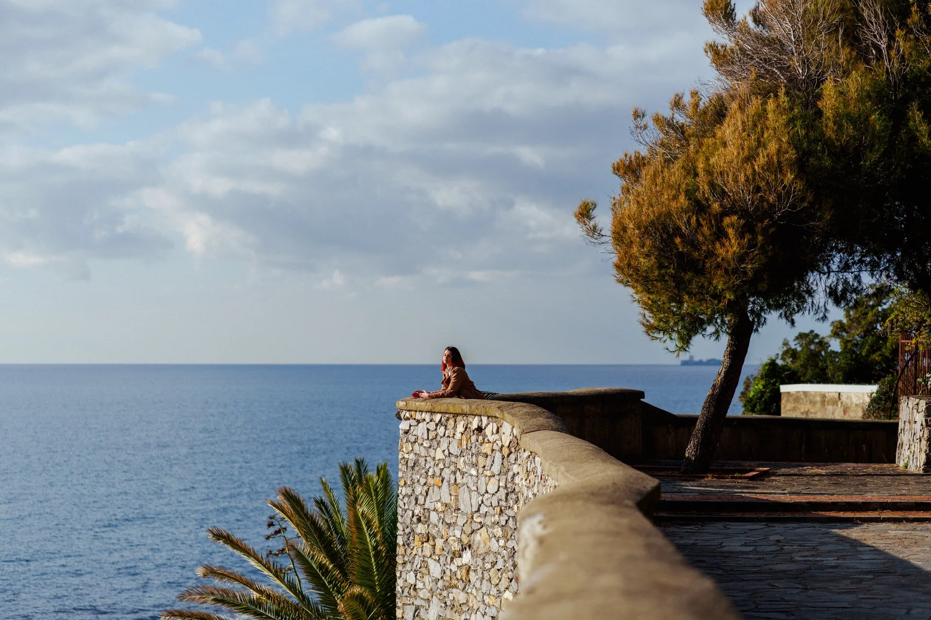 Donna seduta su una parete di pietra vicino al mare con un albero a destra e palme in basso, cielo nuvoloso in background.