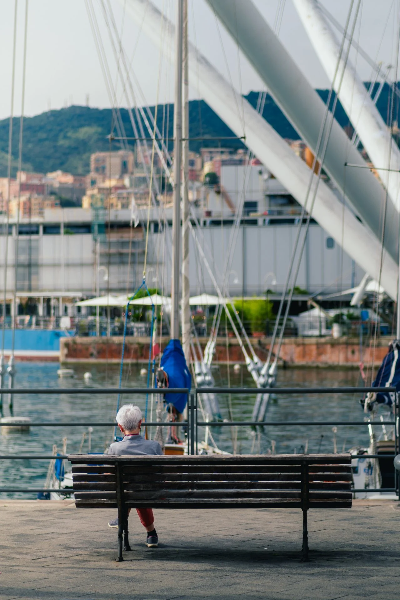 Una persona anziana seduta su una panchina al porto, con imbarcazioni a vela sullo sfondo e una città in lontananza.