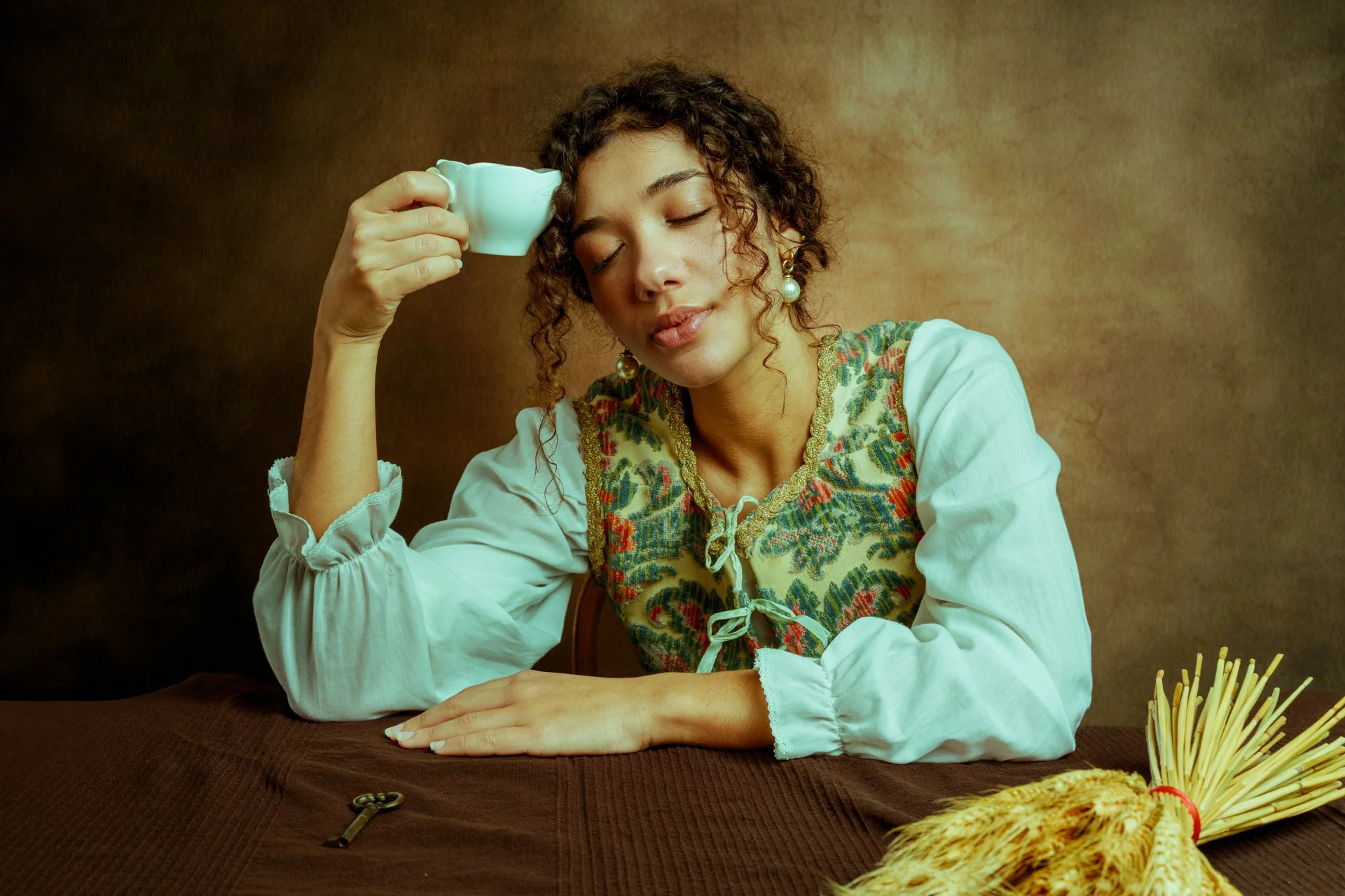 Una donna con abiti tradizionali che sorseggia da una tazza, seduta a un tavolo con un mazzo di spaghi e una chiave