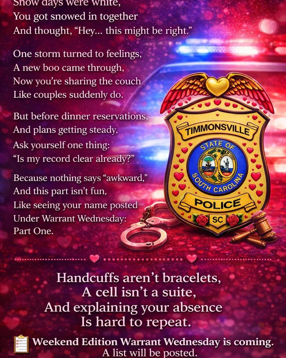 🚔💘 Warrant-Level Valentine&rsquo;s Warning from Timmonsville PD 💘🚓

Roses are red,
Snow days were white,
You got snowed in together
And thought, &ldquo;Hey&hellip; this might be right.&rdquo;

One storm turned to feelings,
A new boo came through,