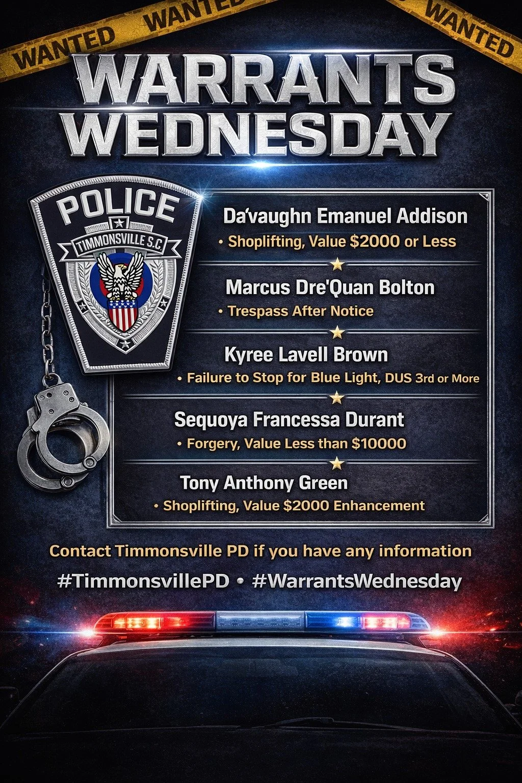 🚨 WARRANTS WEDNESDAY IS BACK 🚨

After a brief break (even warrants need a vacation), Warrants Wednesday has officially returned&mdash;and yes, the warrants are refreshed, renewed, and still very much valid.

The individuals listed have active warra