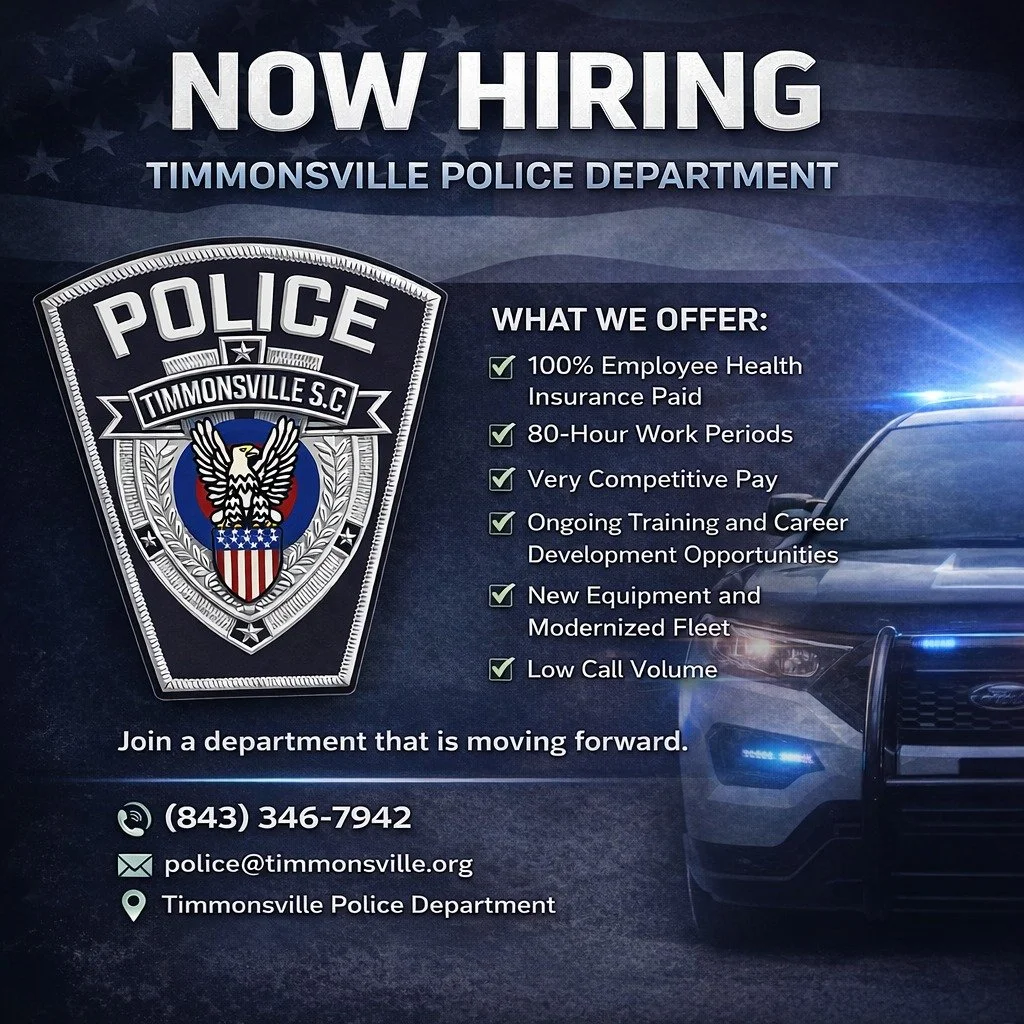 Now Hiring &ndash; Certified Police Officers

Timmonsville Police Department

The Timmonsville Police Department is currently accepting applications for South Carolina Class I Certified Officers.

We are a proactive agency focused on professionalism,