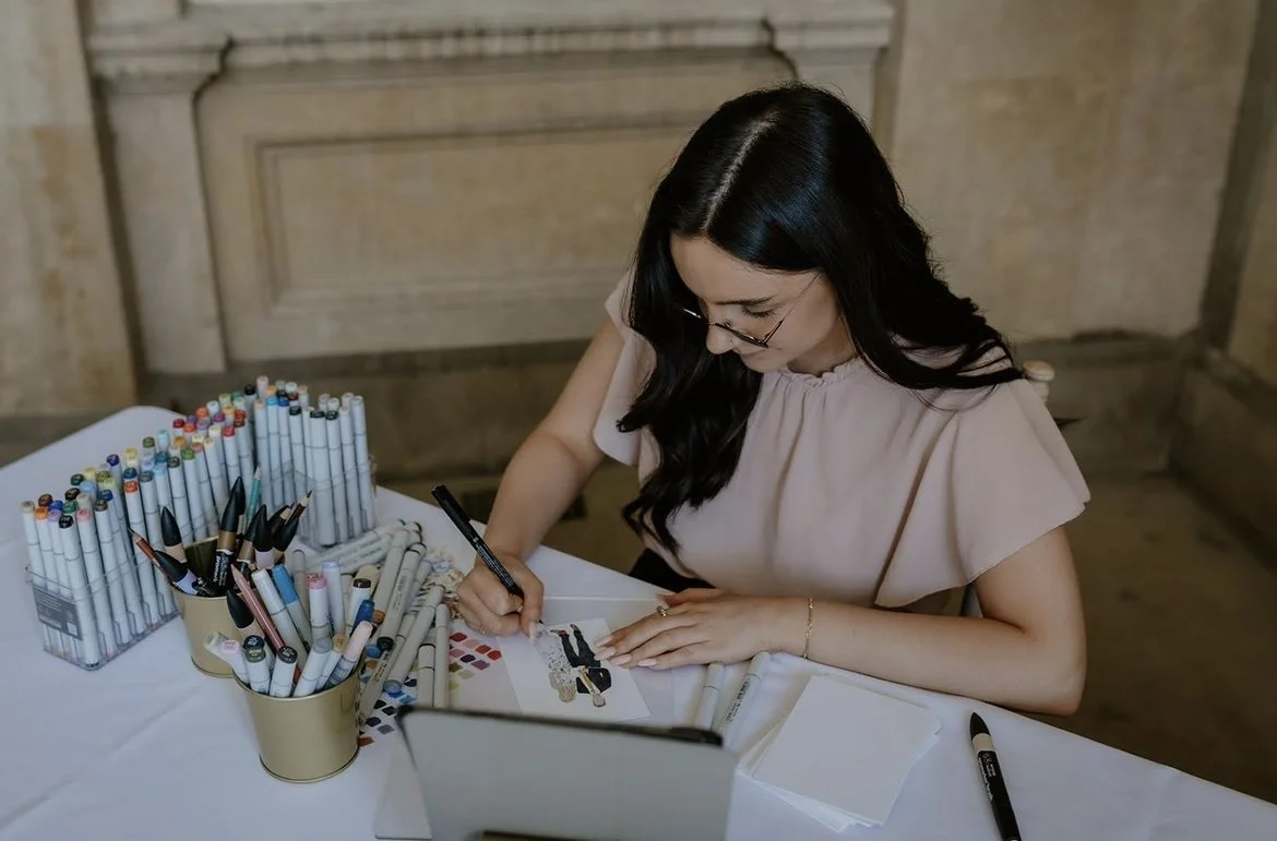live wedding illustrator drawing guest portraits at Prestwold Hall