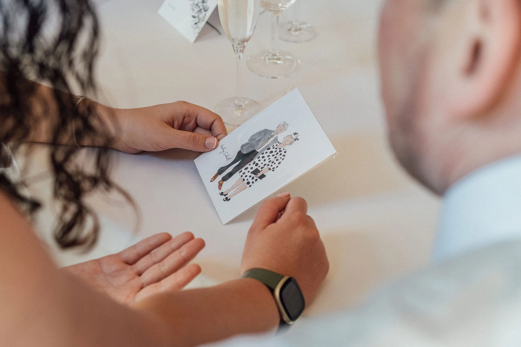 colourful hand drawn wedding guest portrait illustration