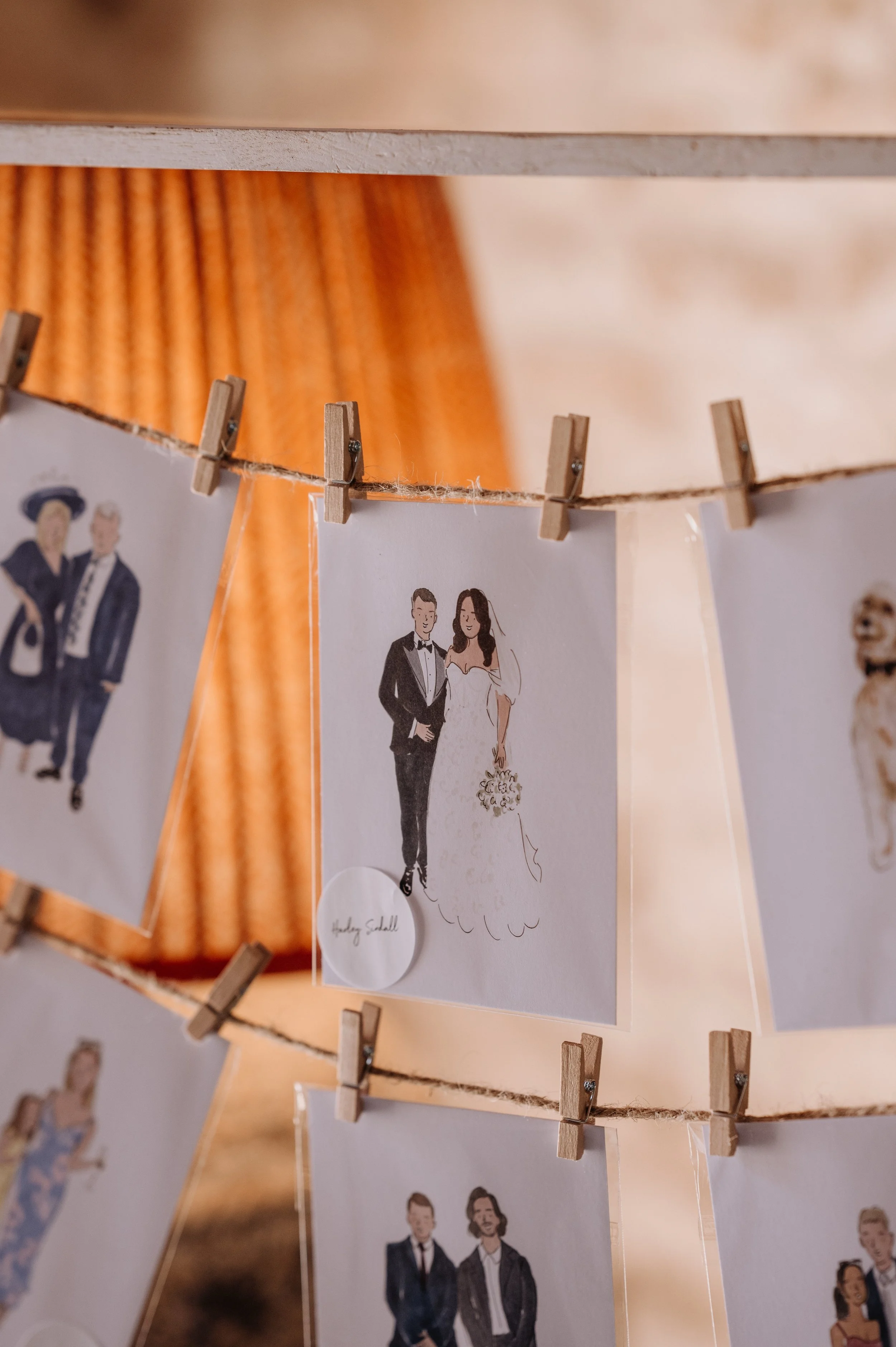 hand drawn wedding guest portrait created by live wedding illustrator at Hazel Gap Barn