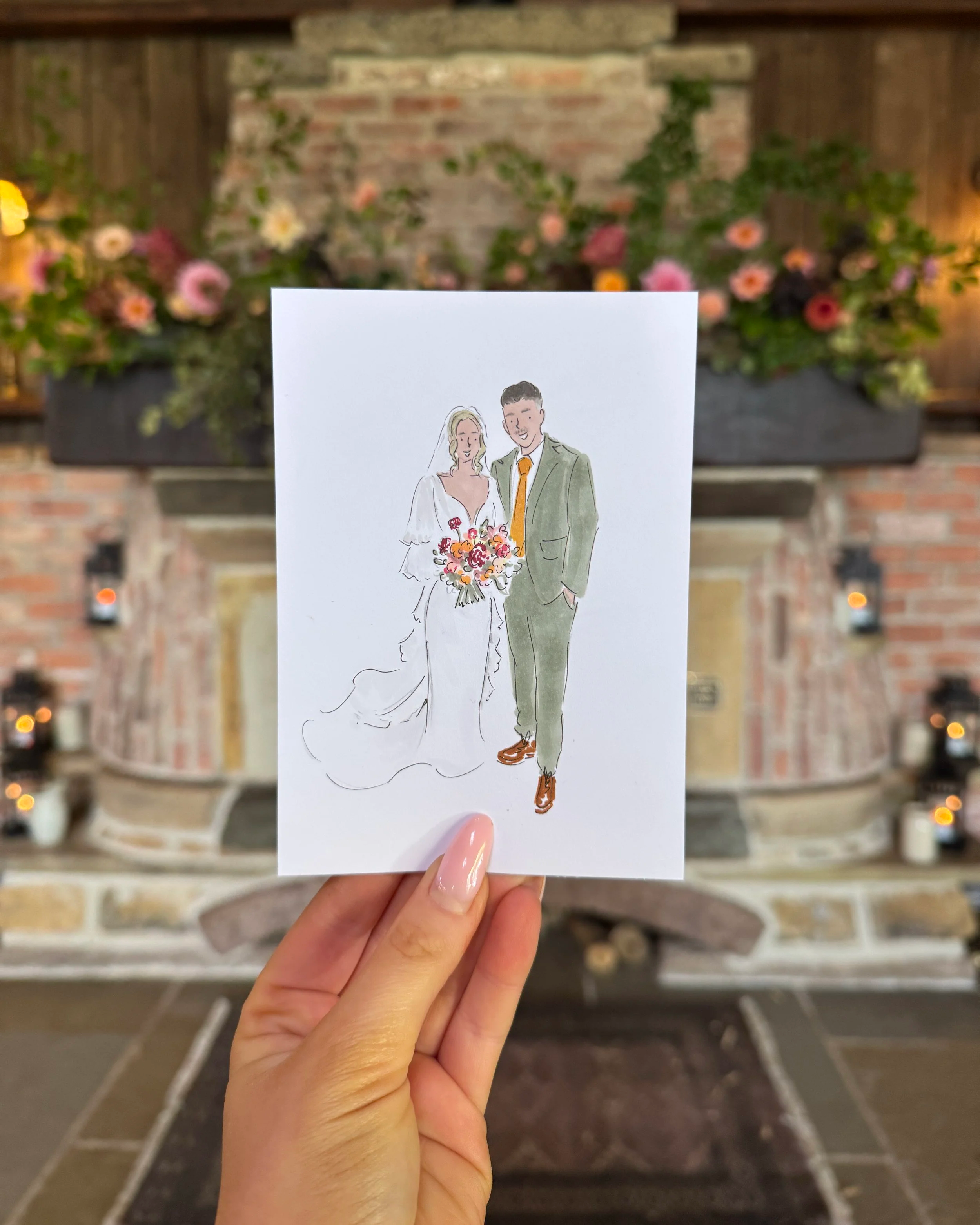 colourful hand drawn wedding guest portrait illustration at Willow Marsh Farm