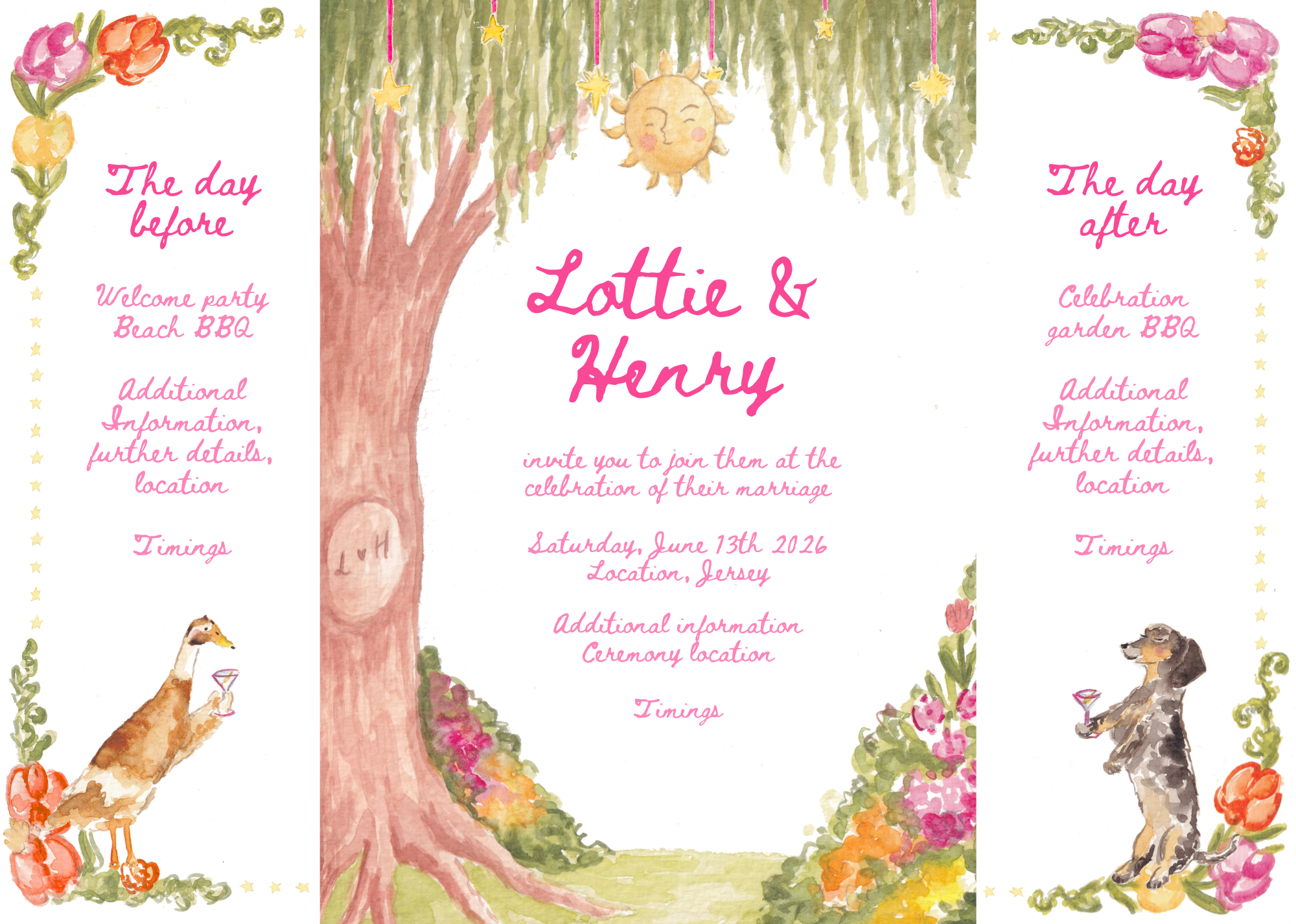 An illustrated wedding invitation featuring a large tree at the center with pink, orange, and green floral decorations on sides. The names 'Lottie & Henry' are written in pink in the middle. Details of the wedding are below, with the date Saturday, J