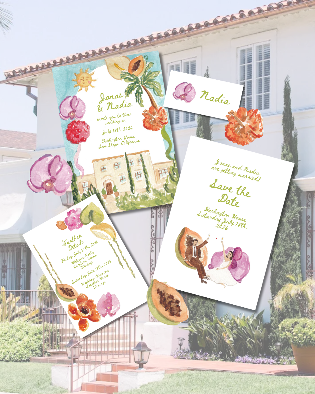 Wedding invitation cards with watercolor illustrations of flowers, a bride and groom, and an estate, displayed against a house background.