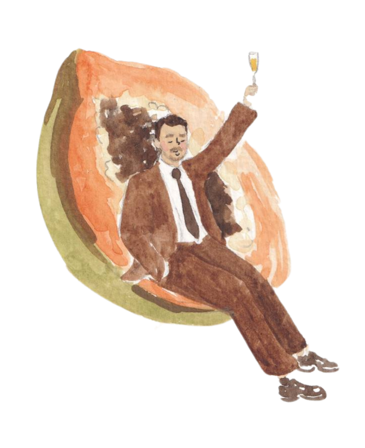 Watercolor illustration of a man in a brown suit and tie, with dark hair, sitting in a half avocado and raising a glass of champagne, eyes closed, with a joyful expression.