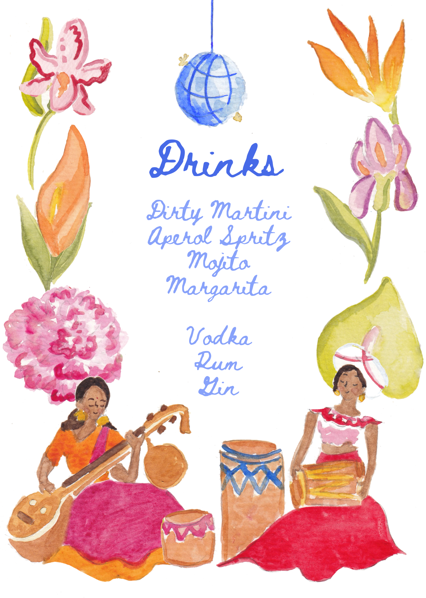 Watercolor illustration of a drinks menu with tropical flowers and two women playing musical instruments.