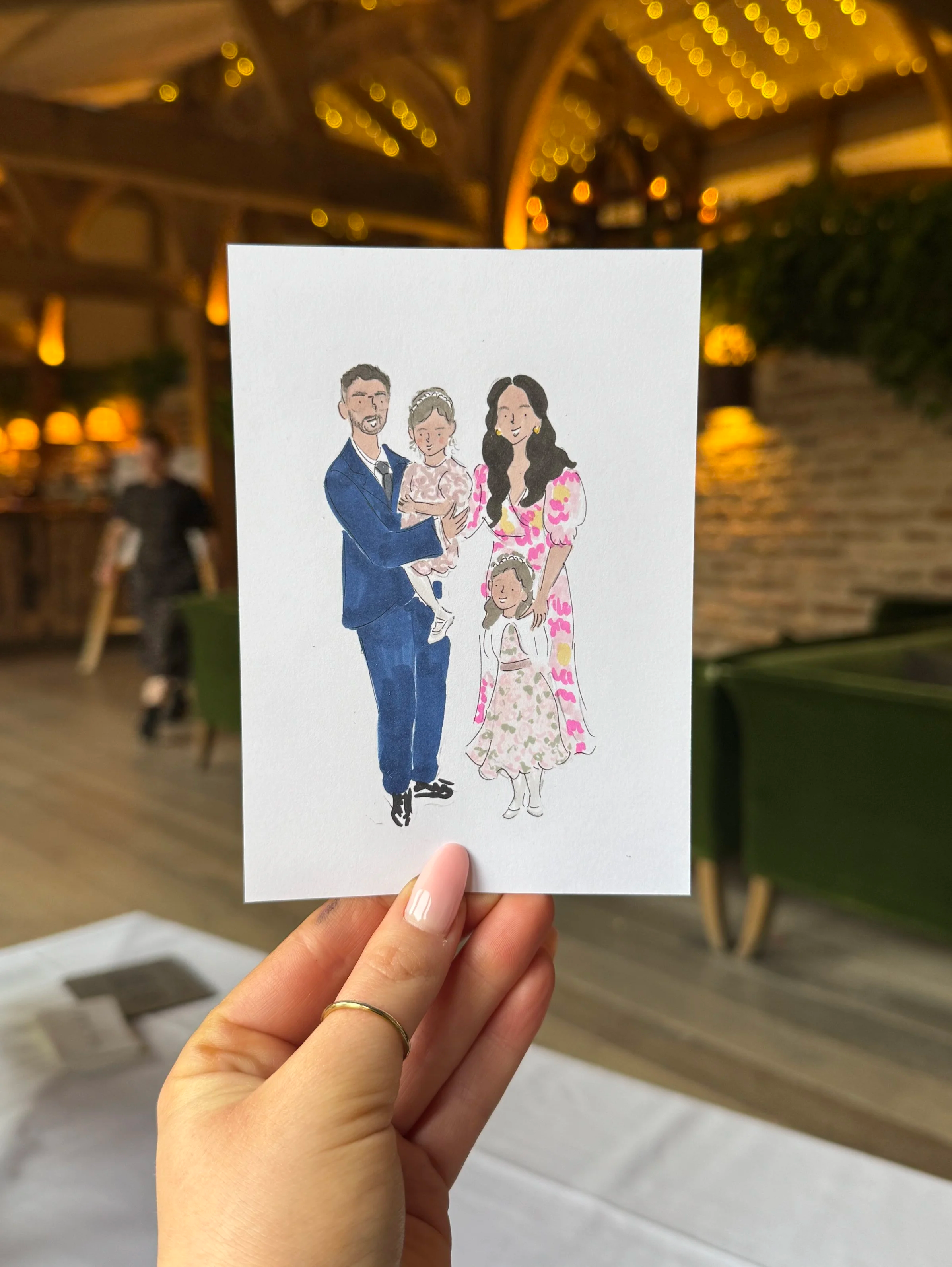 colourful hand drawn wedding guest portrait illustration at Hazel Gap Barn