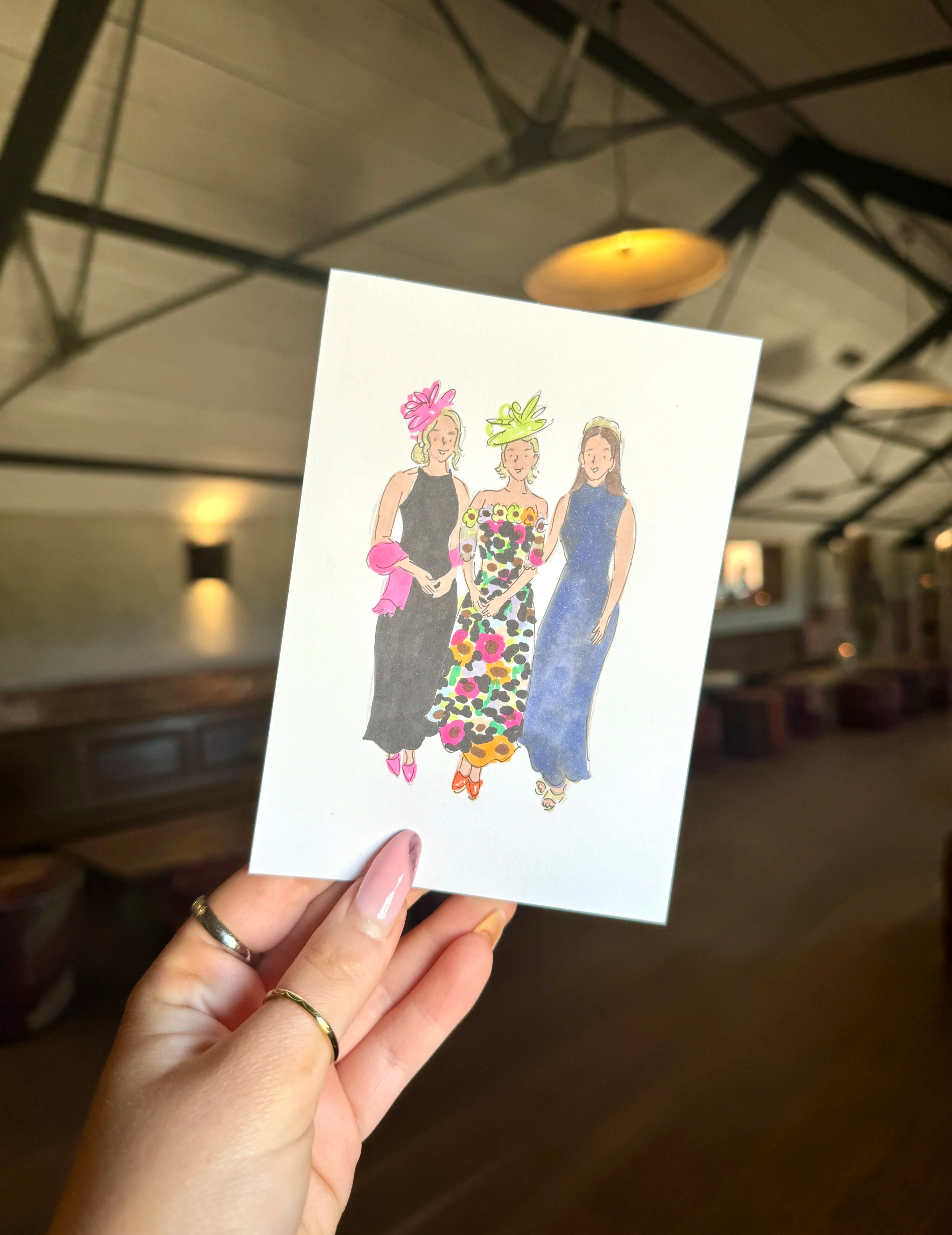 colourful hand drawn wedding guest portrait illustration at Grangefields