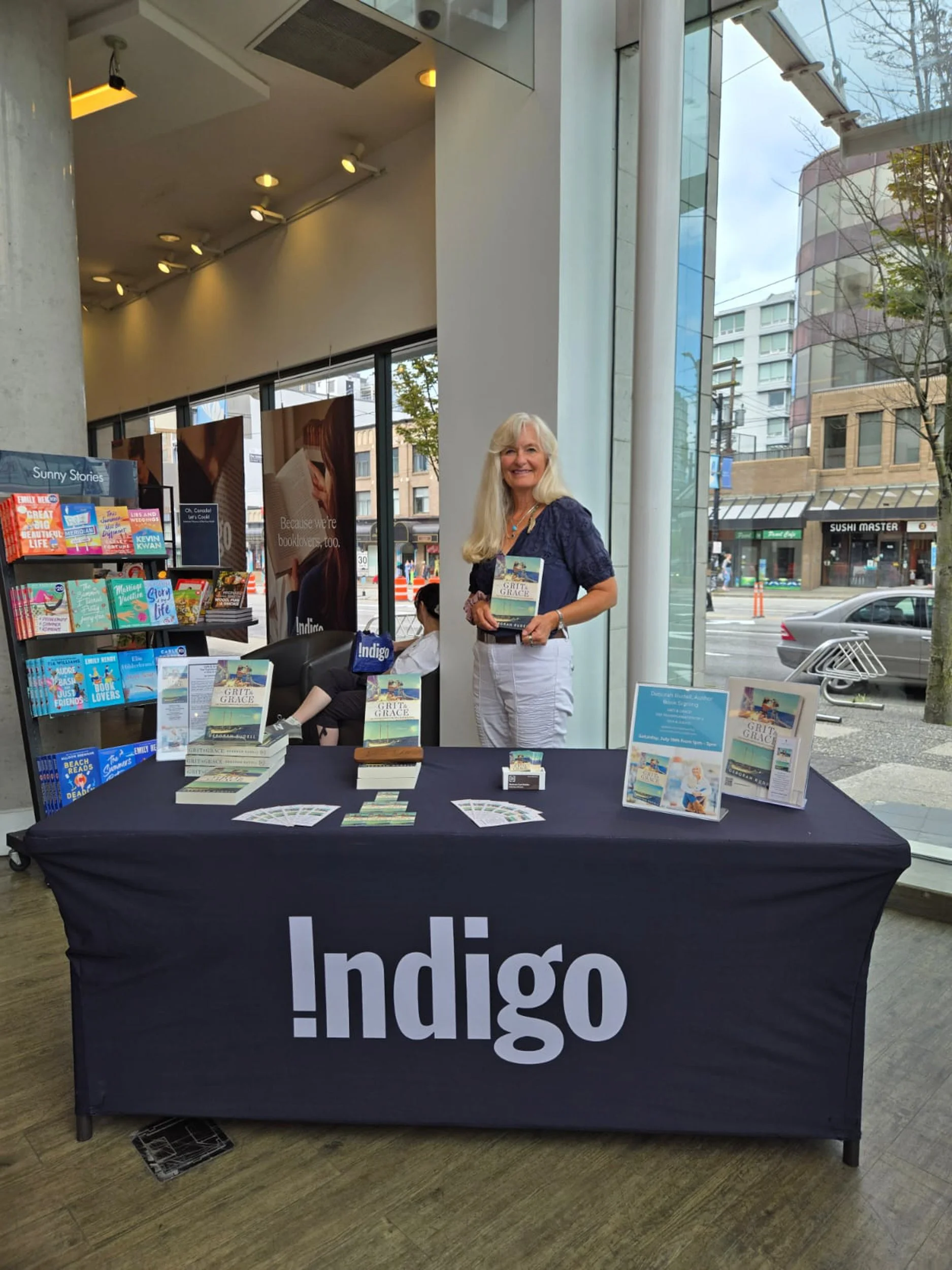 The author table in front of the door.