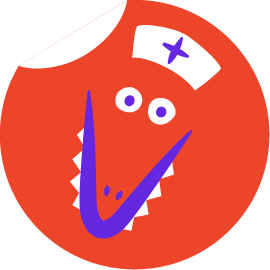 Colorful crocodile cartoon character with a nurse hat on a red circular background.