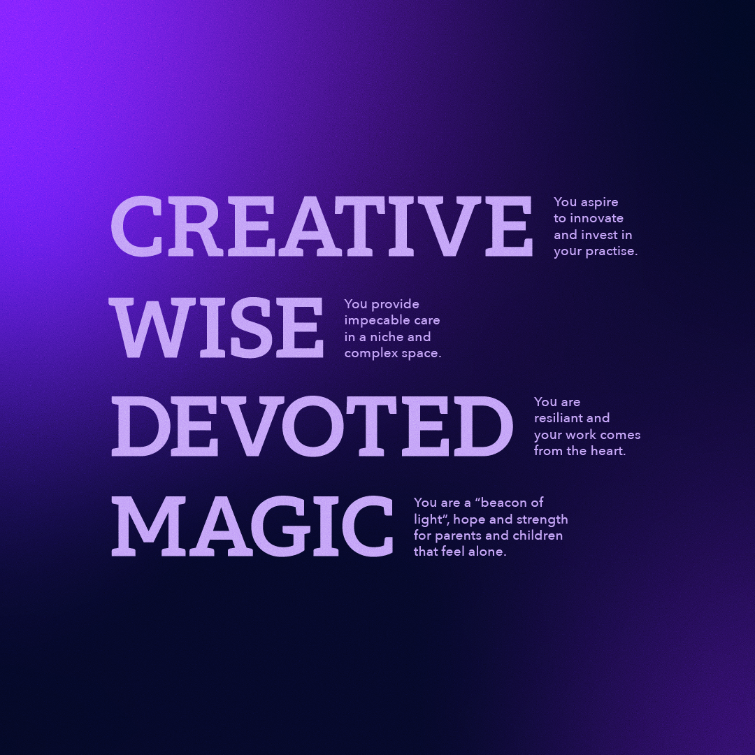 Stylized text on a purple gradient background featuring the words: Creative, Wise, Devoted, Magic. Each word is accompanied by descriptive phrases about innovation, care, resilience, and hope.
