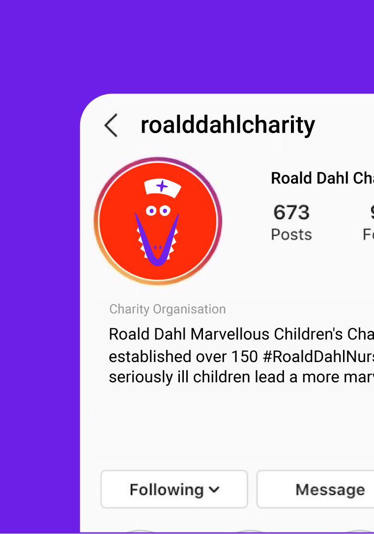 Instagram profile page of "roalddahlcharity" featuring a colorful logo with a cartoon character wearing a nurse's hat. Description mentions the charity's work with Roald Dahl Nurses to help seriously ill children.