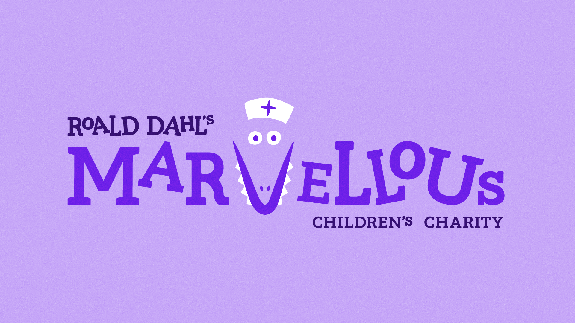 "Roald Dahl's Marvellous Children's Charity" logo on a purple background, featuring stylized text with a cartoon crocodile and nurse hat.