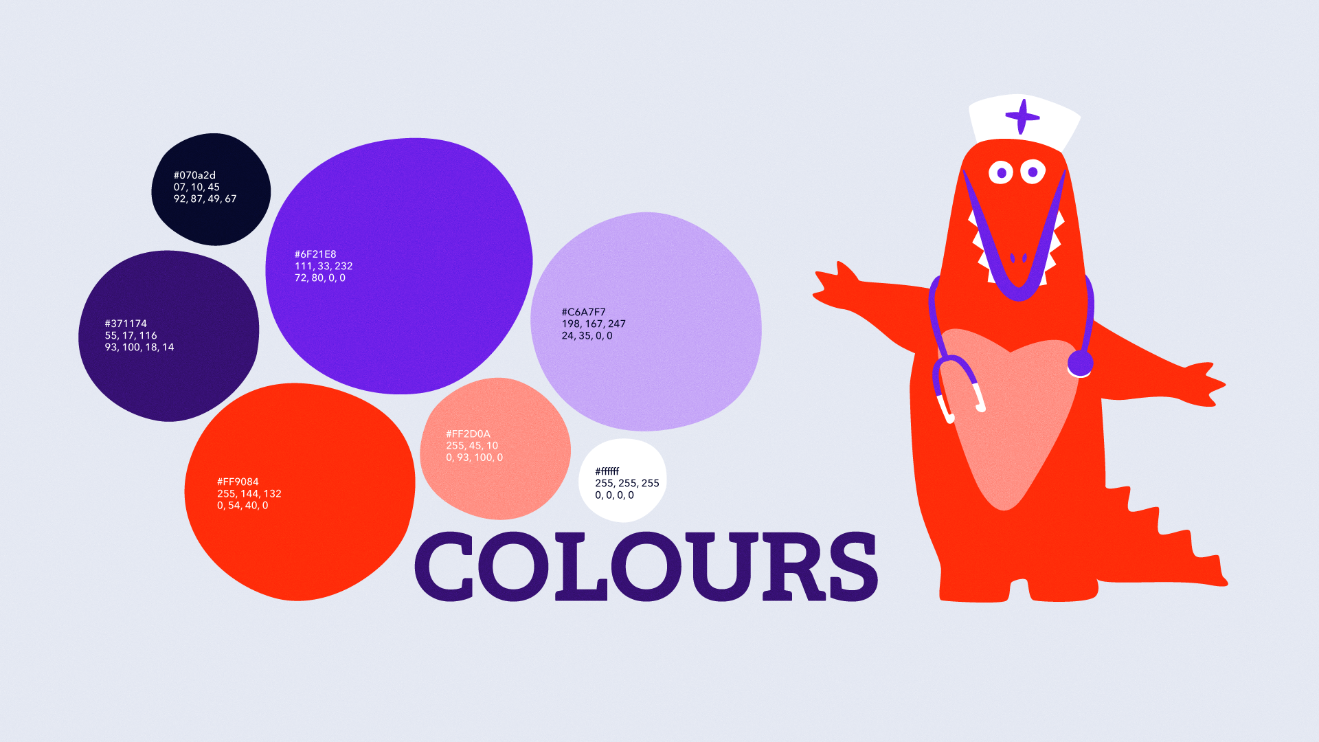 Cartoon dinosaur dressed as a nurse with color palette circles and "COLOURS" text.