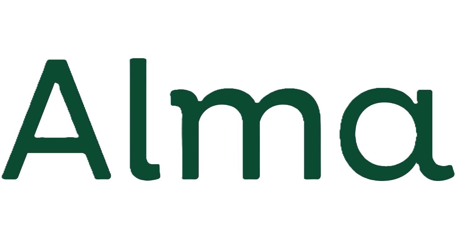 Close-up of the word "Alma" written in bold, dark green letters.